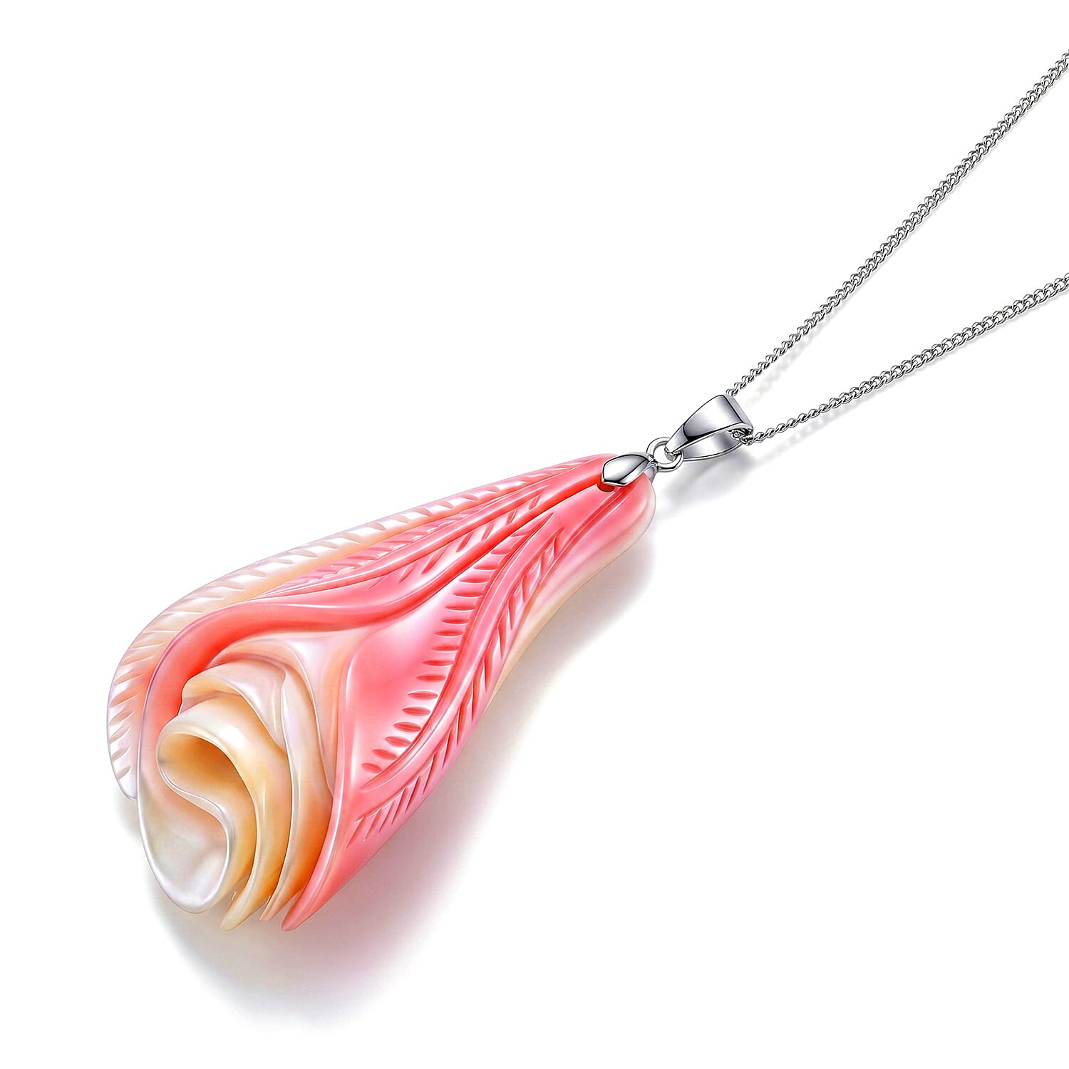 Pink Conch Shell Wave Inspired Drop Pendant with Chain (Size 18) in Rhodium Overlay Sterling Silver 49.00 Ct.