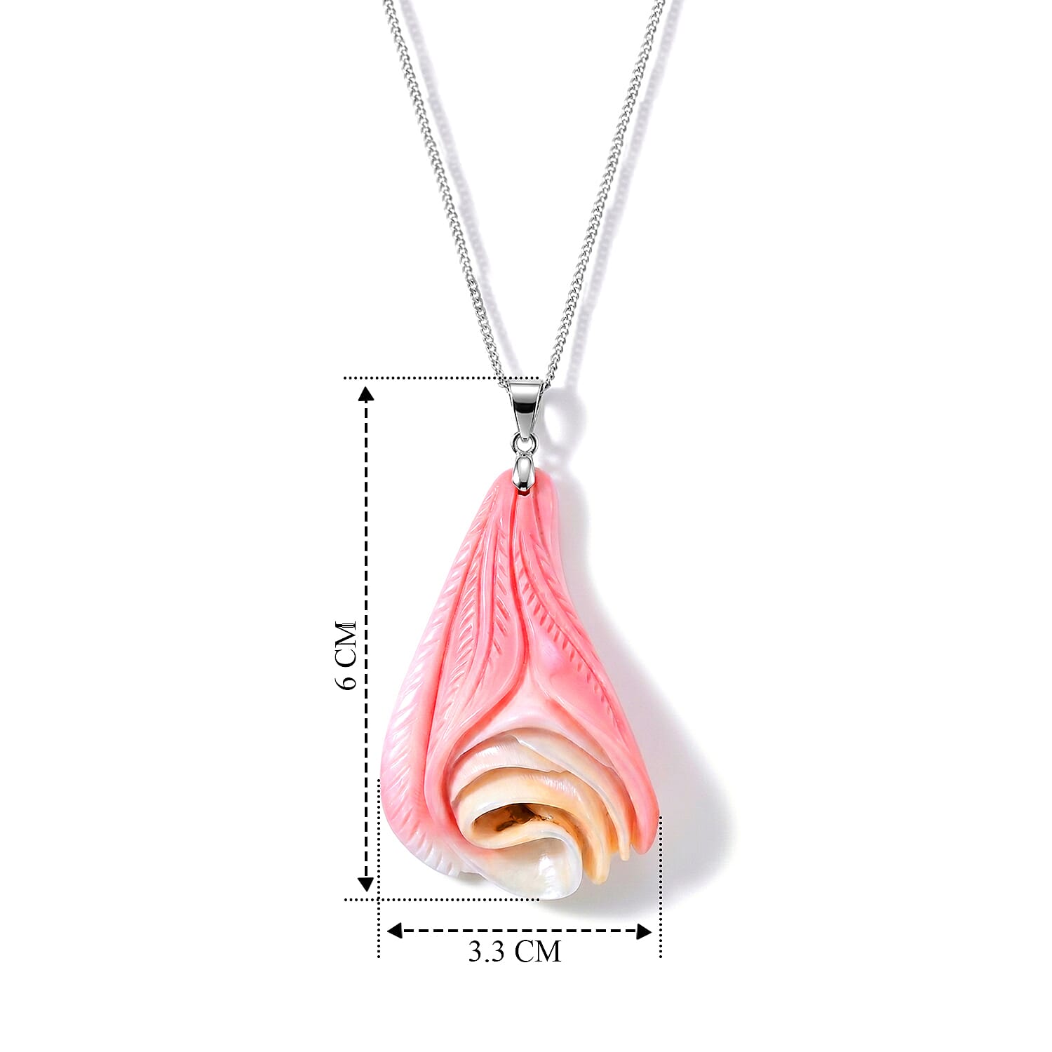 Pink Conch Shell Wave Inspired Drop Pendant with Chain (Size 18) in Rhodium Overlay Sterling Silver 49.00 Ct.