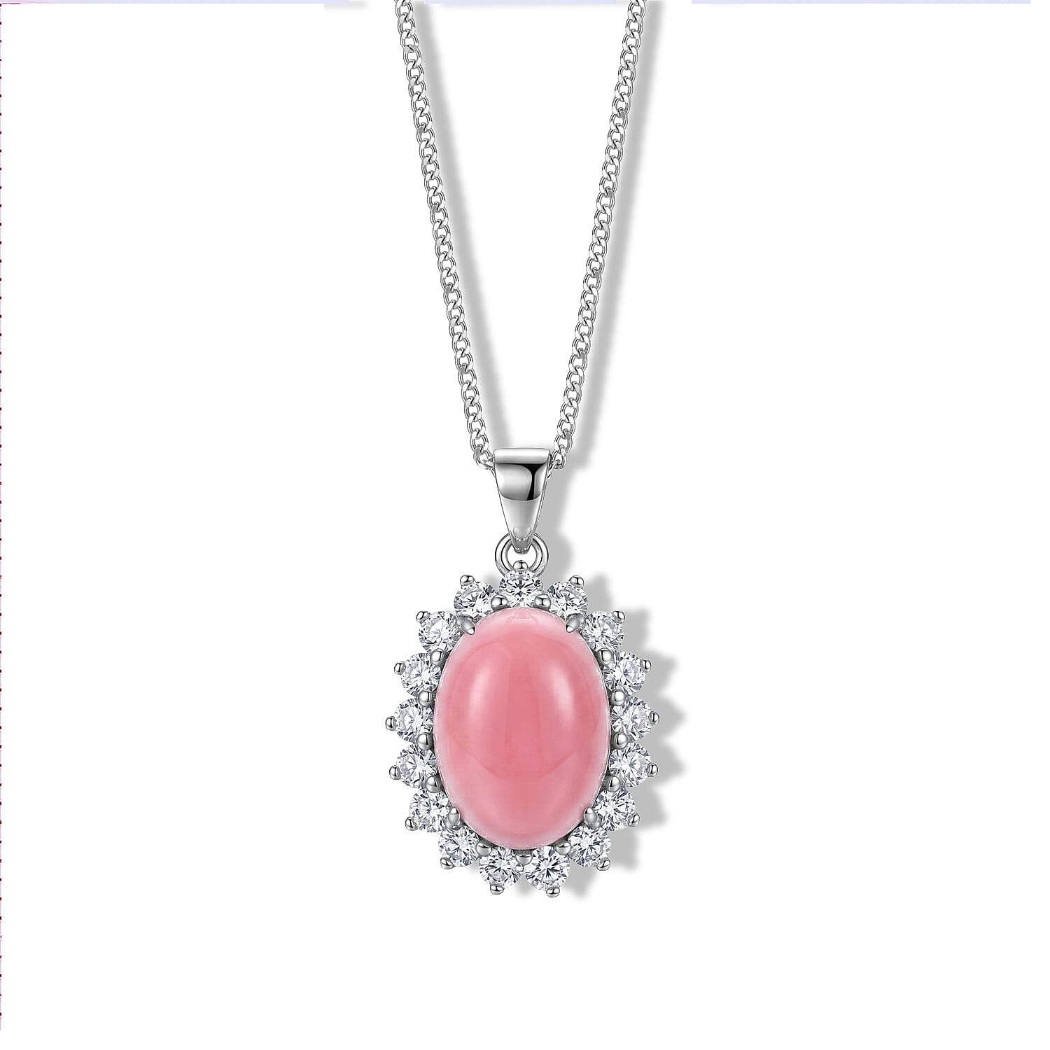 Pink Conch Shell & Lab Grown Diamond Halo Pendant with Chain (Size 18) in Rhodium Overlay Sterling Silver 6.90 Ct.