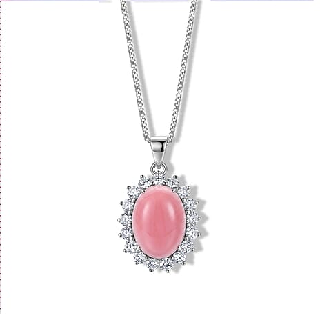 Pink Conch Shell & Lab Grown Diamond Halo Pendant with Chain (Size 18) in Rhodium Overlay Sterling Silver 6.90 Ct.