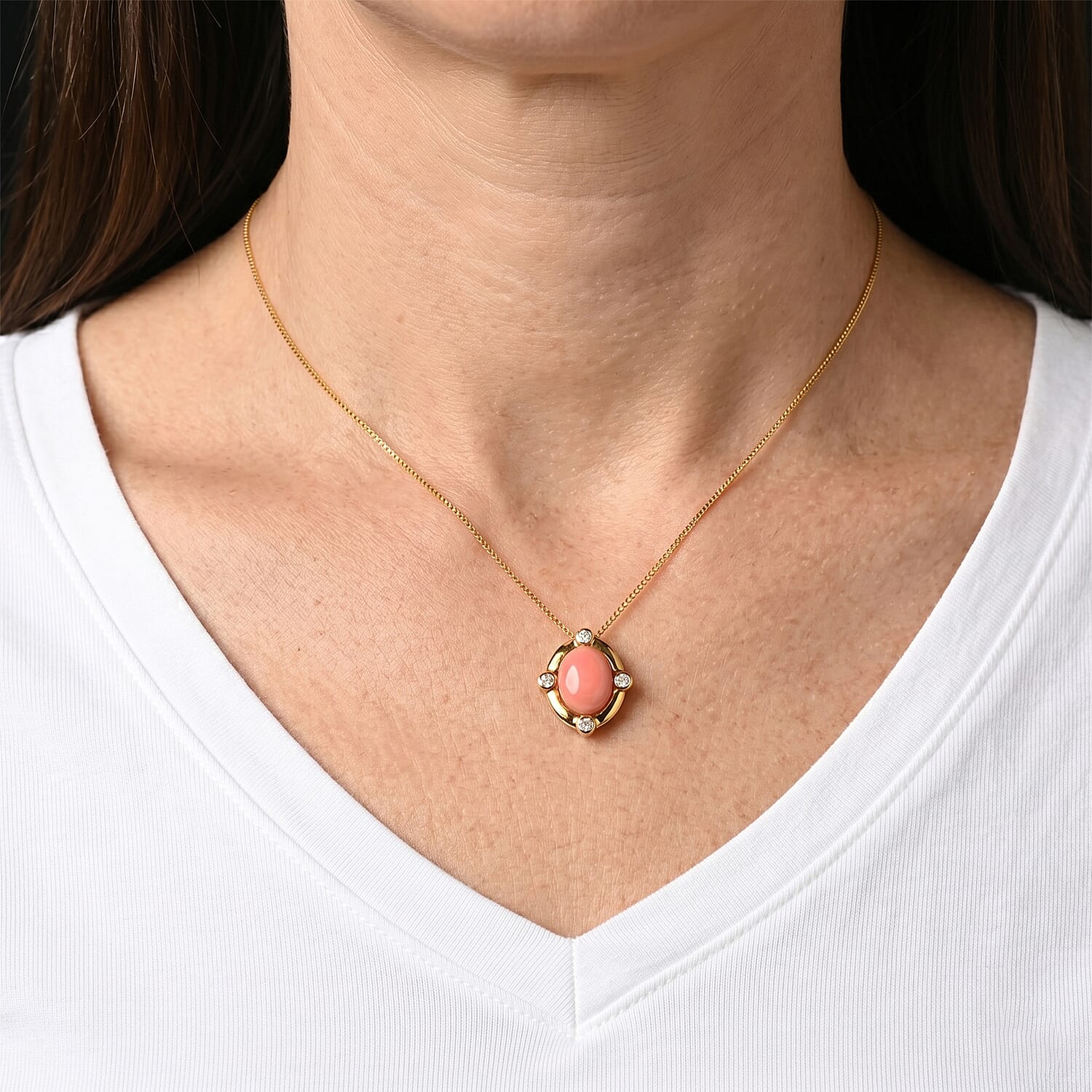 Pink Conch Shell & Moissanite Vintage Pendant with Chain (Size 18) in Yellow Gold Plated Sterling Silver 2.30 Ct.