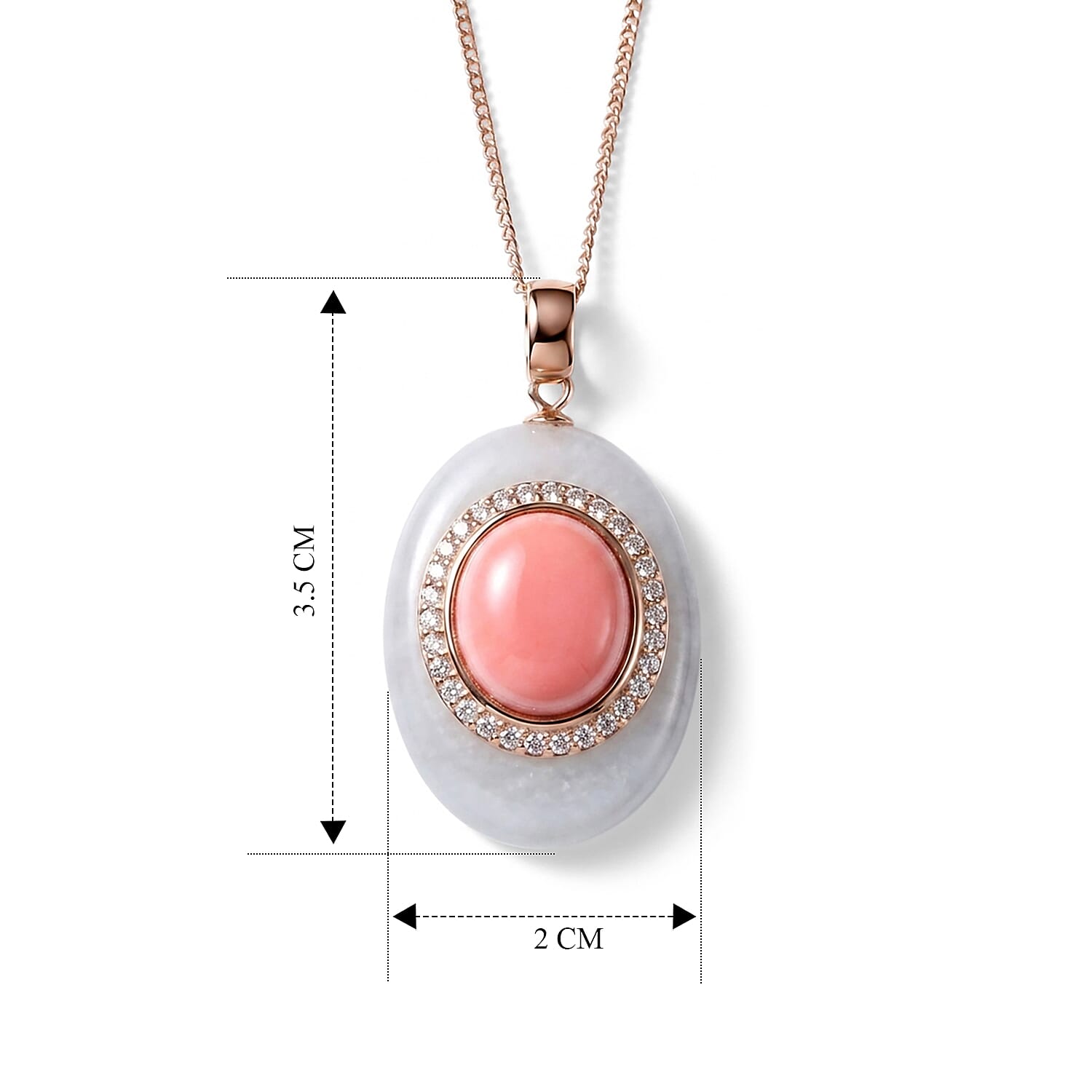 Pink Conch Shell, White Jade & Moissanite Halo Drop Pendant with Chain (Size 18) in Rose Gold Plated Sterling Silver