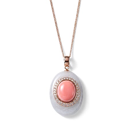 Pink Conch Shell, White Jade & Moissanite Halo Drop Pendant with Chain (Size 18) in Rose Gold Plated Sterling Silver 26.55 Ct.
