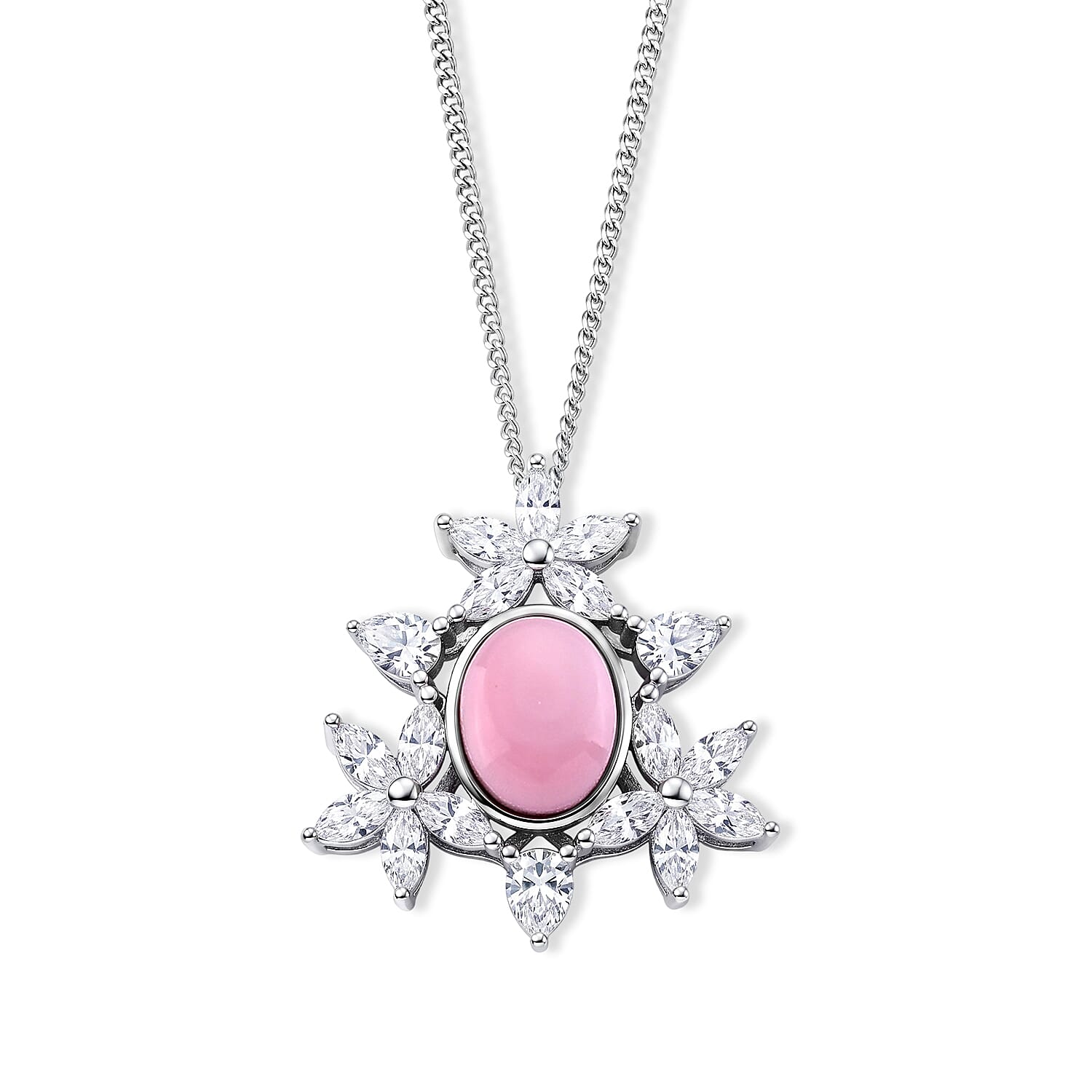 D'Joy - Pink Conch Shell & Moissanite Floral Inspired Pendant with Chain (Size 18) in Rhodium Overlay Sterling Silver