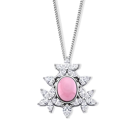 D'Joy - Pink Conch Shell & Moissanite Floral Inspired Pendant with Chain (Size 18) in Rhodium Overlay Sterling Silver 3.00 Ct.