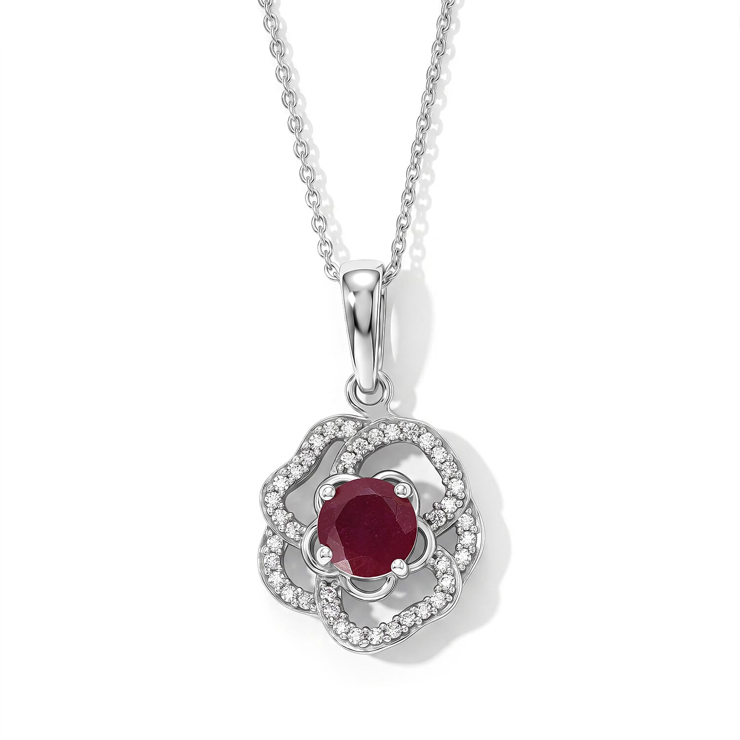 African Ruby,  White Zircon Pendant with Chain (Size 20) in Rhodium Overlay Sterling Silver 0.44 ct  1.690  Ct.