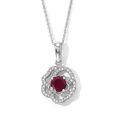 African Ruby,  White Zircon Pendant with Chain (Size 20) in Rhodium Overlay Sterling Silver 0.44 ct  1.690  Ct.