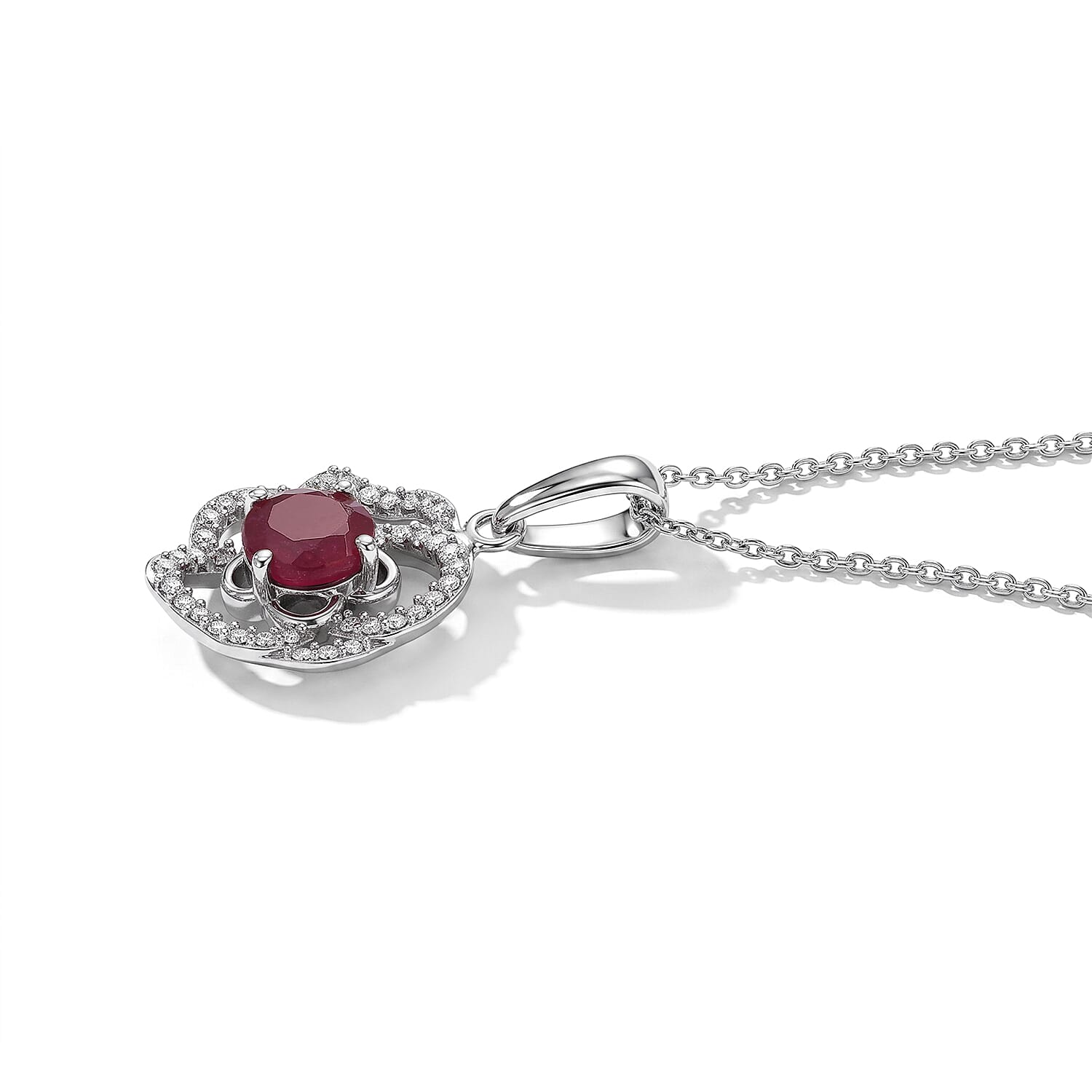 African Ruby,  White Zircon Pendant with Chain (Size 20) in Rhodium Overlay Sterling Silver 0.44 ct  1.690  Ct.