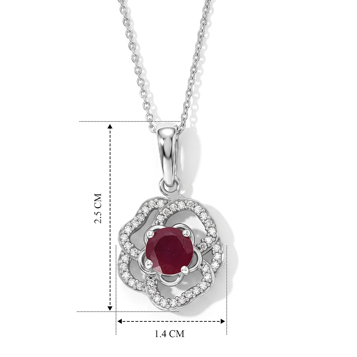 African Ruby,  White Zircon Pendant with Chain (Size 20) in Rhodium Overlay Sterling Silver 0.44 ct  1.690  Ct.