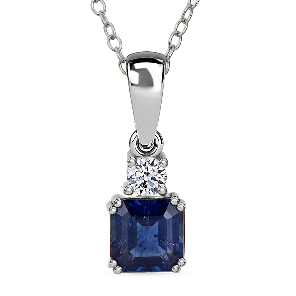 Masoala Sapphire & Lab Grown Diamond Pendant with Chain (Size 20) in Rhodium Overlay Sterling Silver 1.84 Ct.