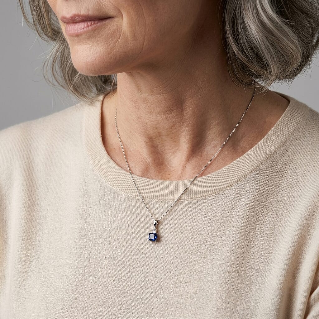 Masoala Sapphire & Lab Grown Diamond Pendant with Chain (Size 20) in Rhodium Overlay Sterling Silver 1.84 Ct.