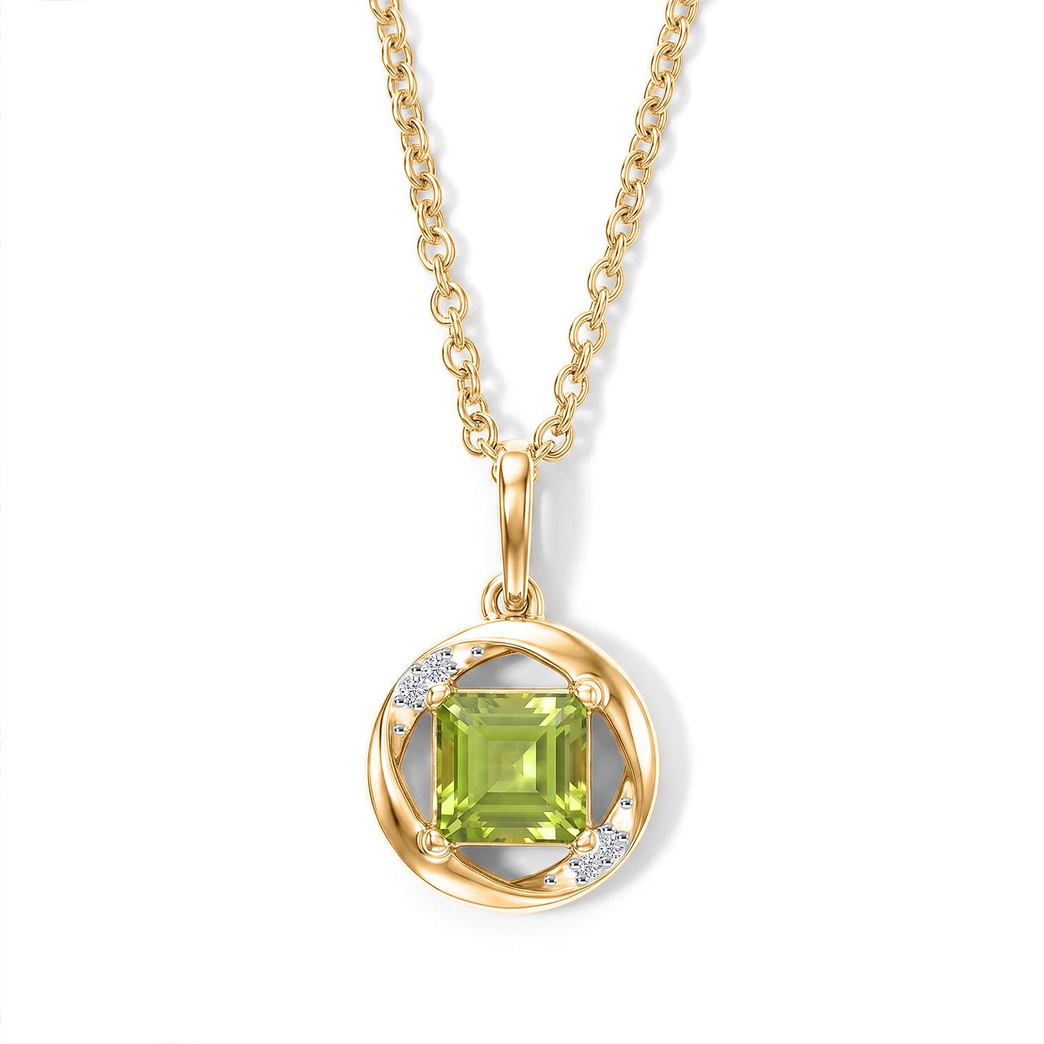 D'Joy - Peridot & White Zircon Pendant in Yellow Gold Plated Sterling Silver with Chain (Size 20) 1.30 Ct.
