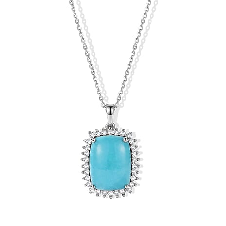 Luxuriant - Sleeping Beauty Turquoise & Lab Grown Diamond (SI-G-H) Halo Pendant with Chain (Size 20) in Rhodium Overlay Sterling Silver 8.50 Ct.
