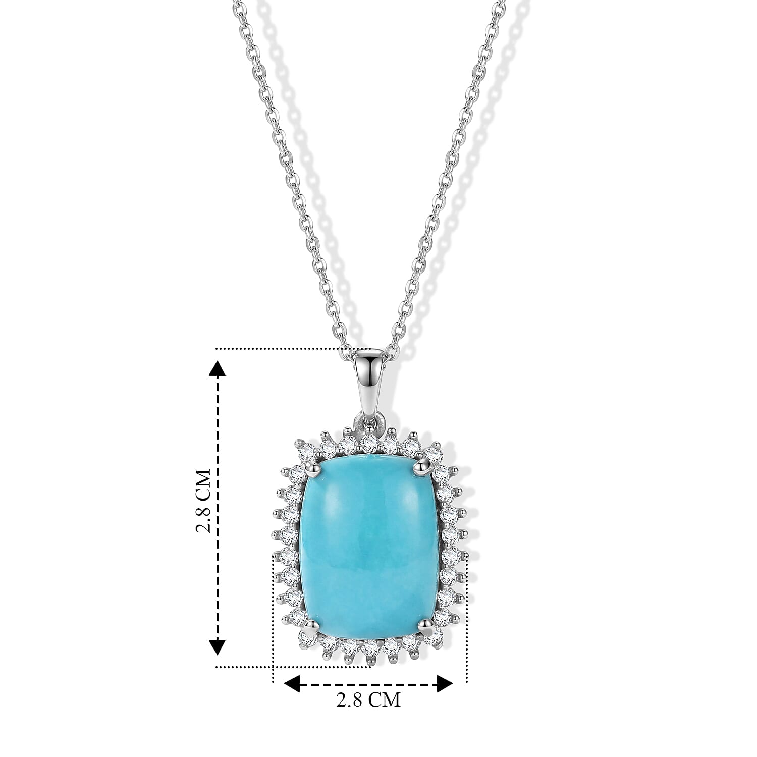 Luxuriant - Sleeping Beauty Turquoise & Lab Grown Diamond (SI-G-H) Halo Pendant with Chain (Size 20) in Rhodium Overlay Sterling Silver 8.50 Ct.