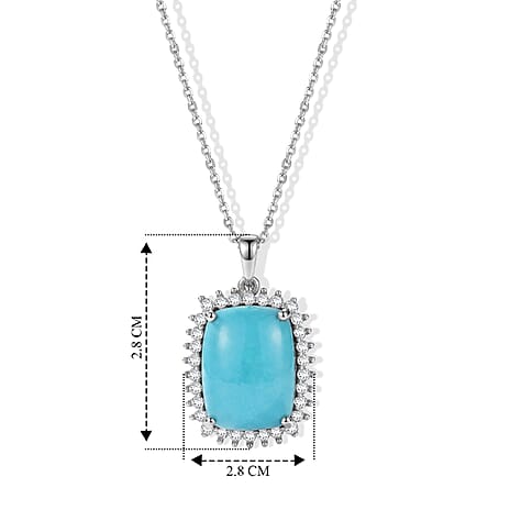 Luxuriant - Sleeping Beauty Turquoise & Lab Grown Diamond (SI-G-H) Halo Pendant with Chain (Size 20) in Rhodium Overlay Sterling Silver 8.50 Ct.