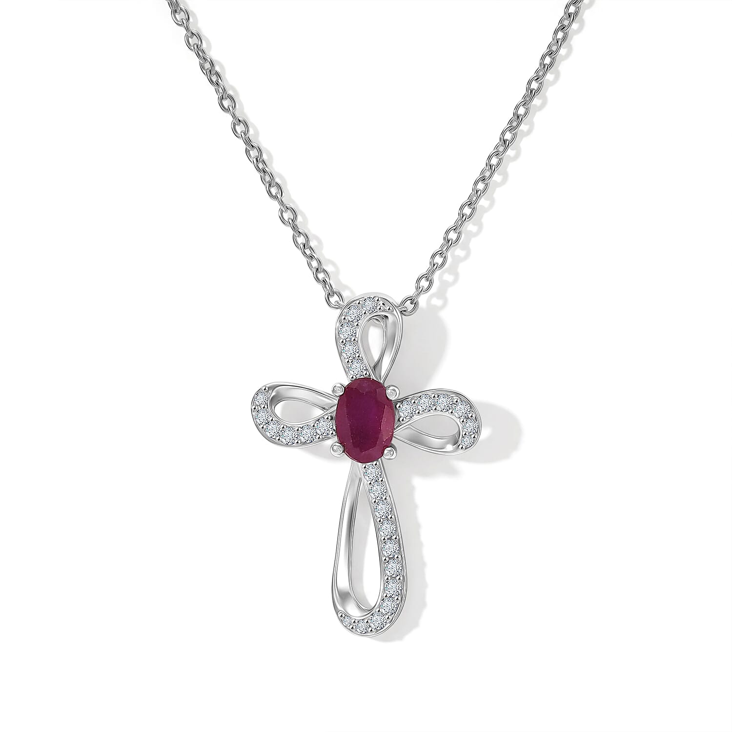 D'Joy - African Ruby & Moissanite Pendant with Chain (Size 20) in Rhodium Overlay Sterling Silver