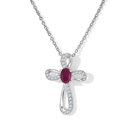 D'Joy - African Ruby & Moissanite Pendant with Chain (Size 20) in Rhodium Overlay Sterling Silver