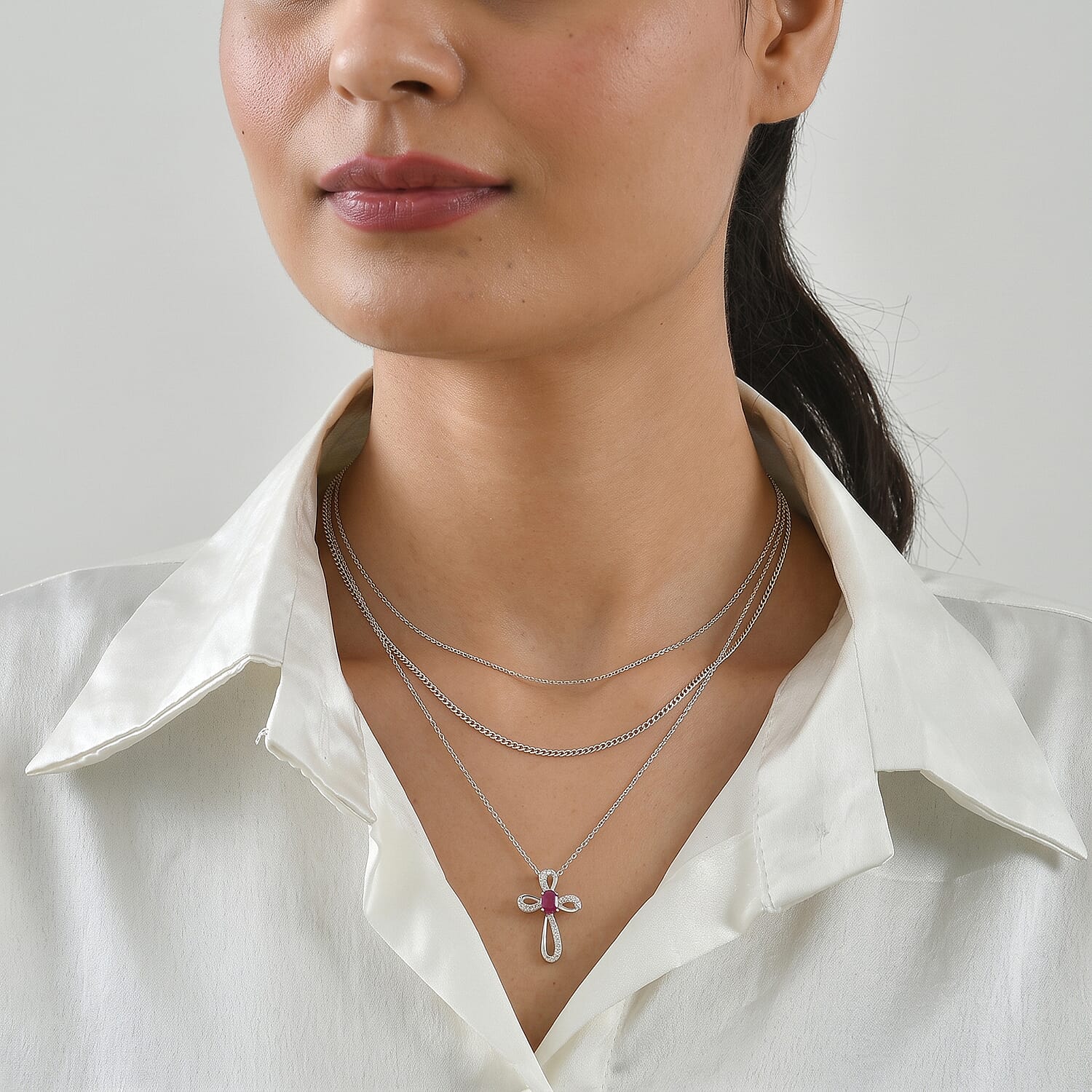 D'Joy - African Ruby & Moissanite Pendant with Chain (Size 20) in Rhodium Overlay Sterling Silver