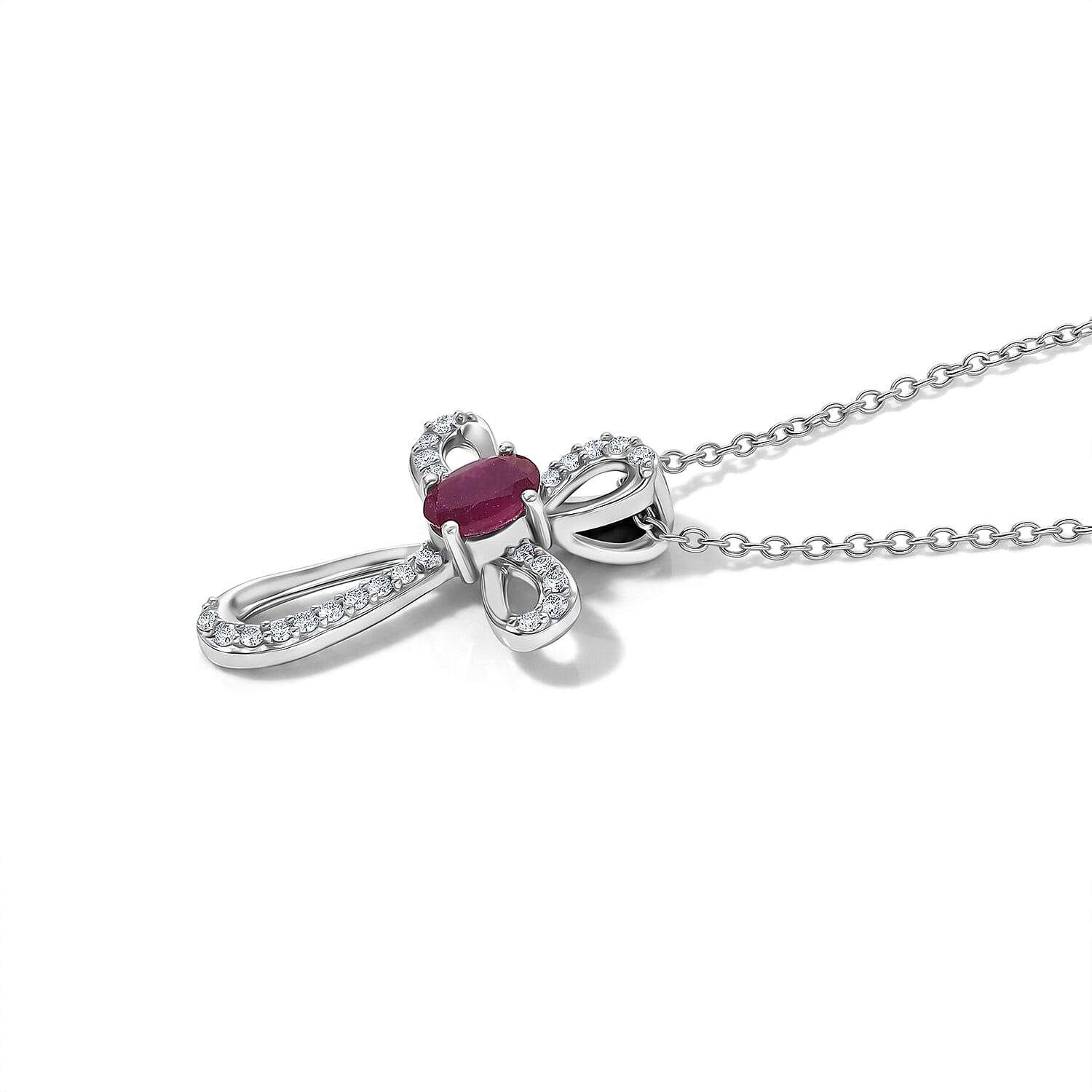 D'Joy - African Ruby & Moissanite Pendant with Chain (Size 20) in Rhodium Overlay Sterling Silver