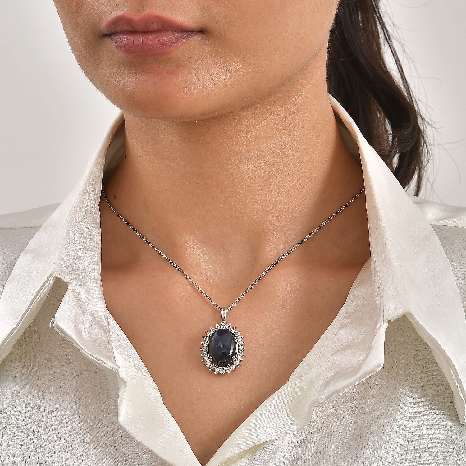 EverTrue - Labradorite & White Zircon Halo Pendant with Chain (Size 20) 14.85 Ct.