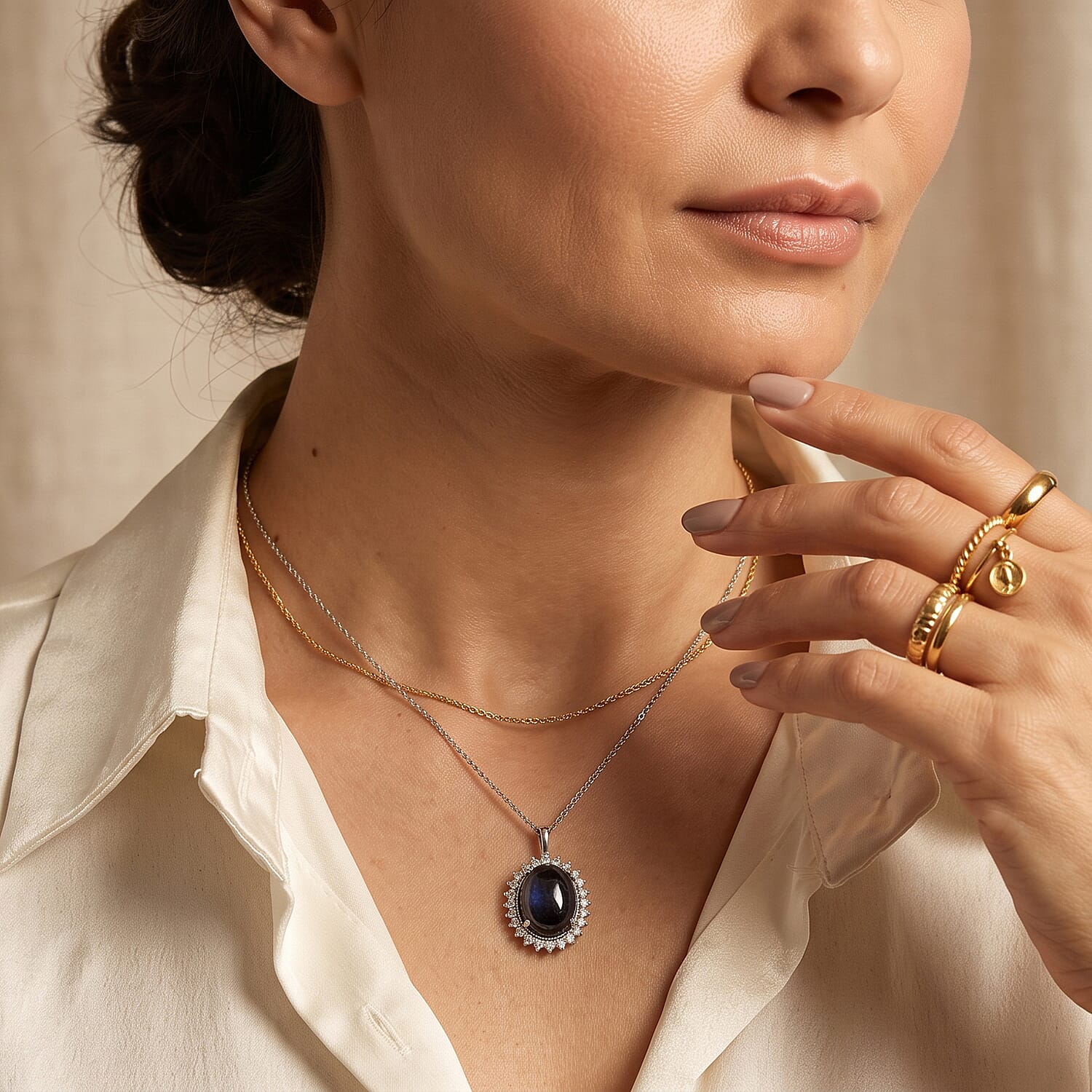 EverTrue - Labradorite & White Zircon Halo Pendant with Chain (Size 20) 14.85 Ct.