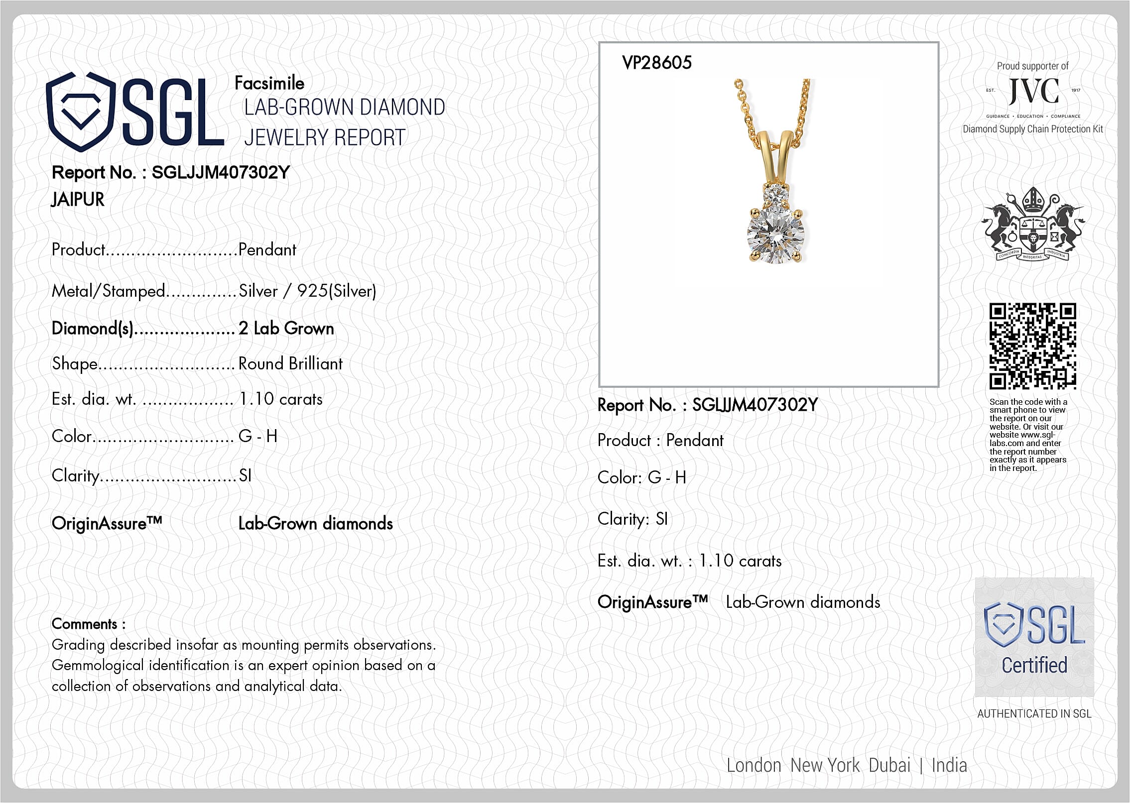 Luxuriant - SGL Certified Lab Grown Diamond (SI-G-H) Pendant with Chain (Size 20) in 18K Vermeil Yellow Gold Plated Sterling Silver 1.15 Ct.