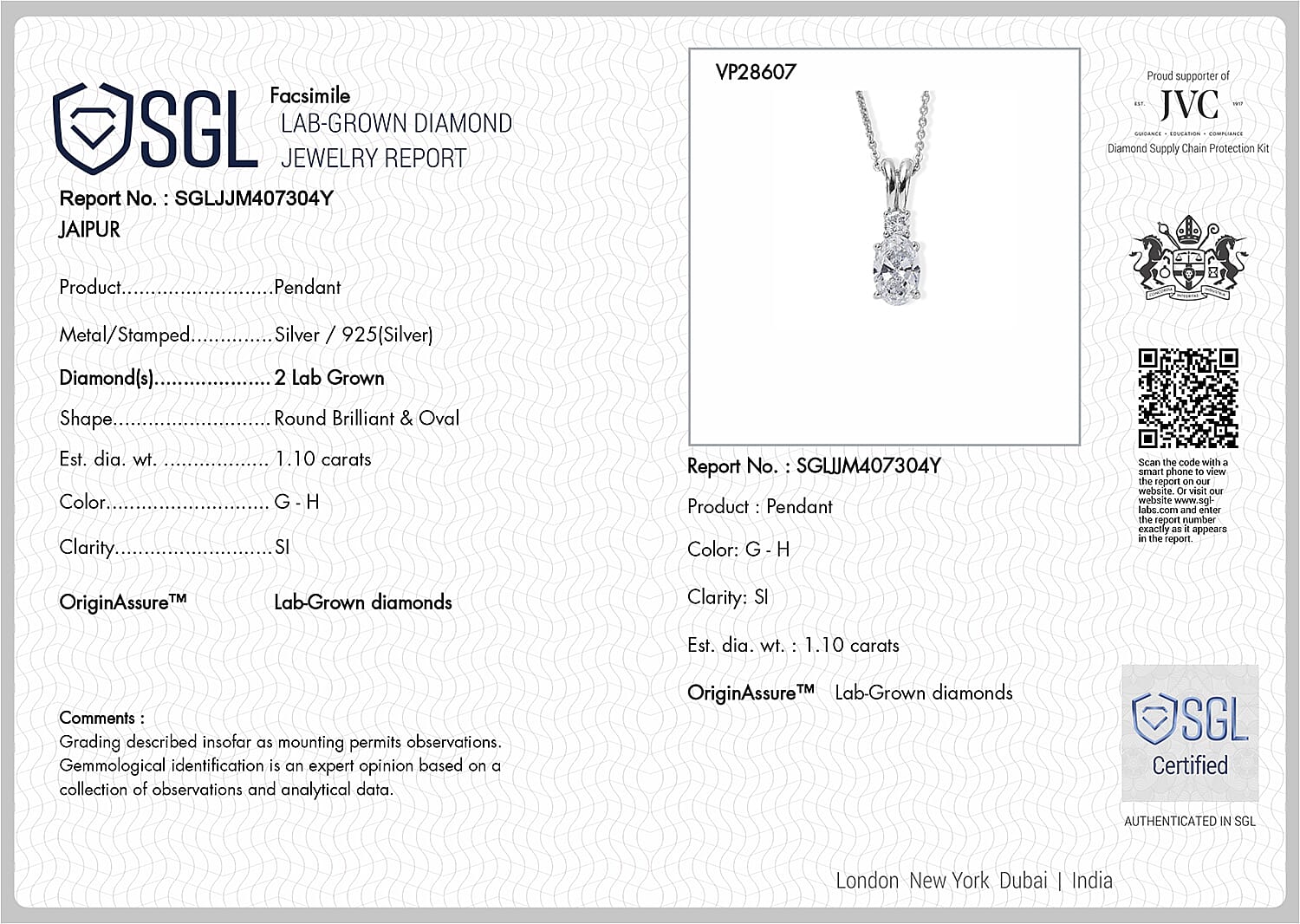 Luxuriant - SGL Certified Lab Grown Diamond (SI-G-H) Pendant with Chain (Size 20) in Rhodium Overlay Sterling Silver 1.13 Ct.