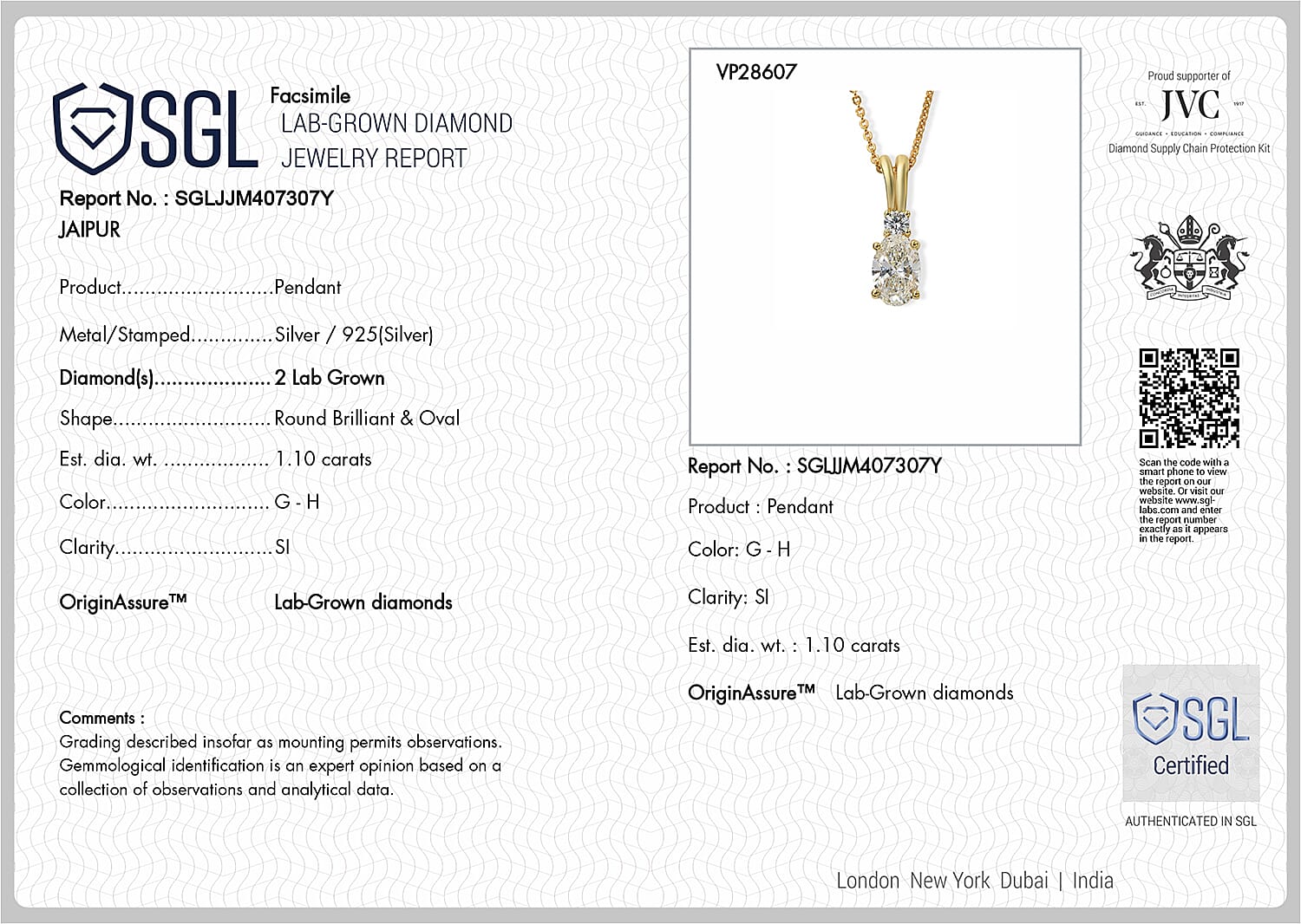 Luxuriant - SGL Certified Lab Grown Diamond (SI-G-H) Pendant with Chain (Size 20) in 18K Vermeil Yellow Gold Plated Sterling Silver 1.13 Ct.