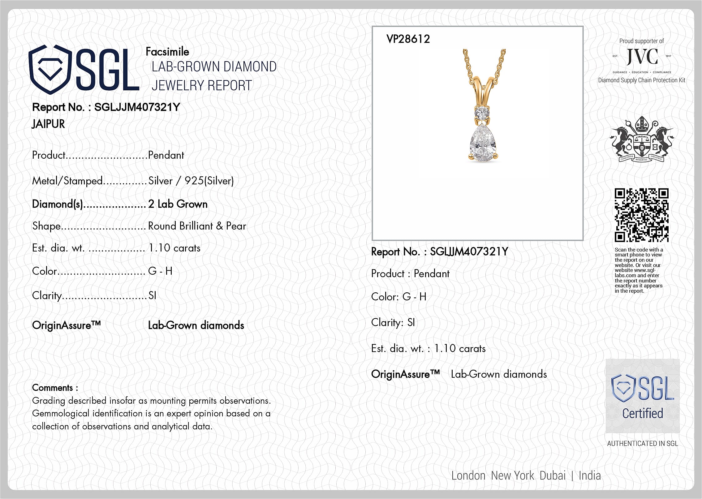 Luxuriant - SGL Certified Lab Grown Diamond (SI-G-H) Pendant with Chain (Size 20) in Rhodium Overlay Sterling Silver 1.10 Ct.
