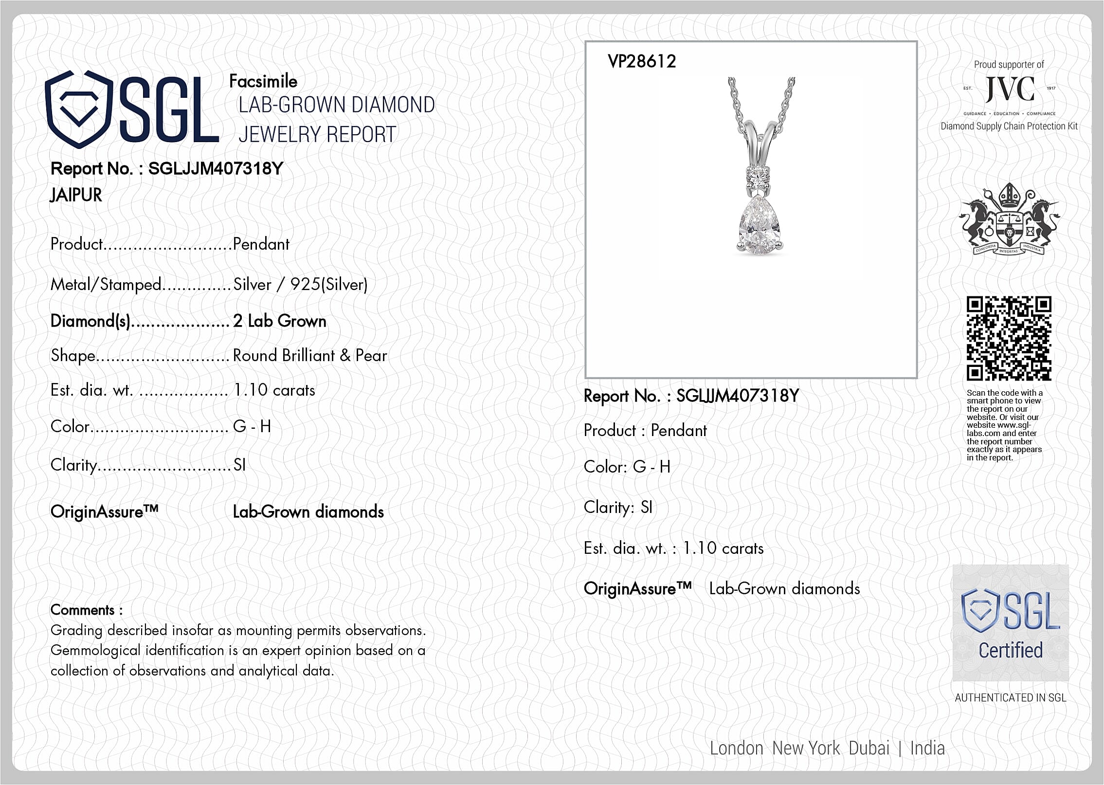 Luxuriant - SGL Certified Lab Grown Diamond (SI-G-H) Pendant with Chain (Size 20) in 18K Vermeil Yellow Gold Plated Sterling Silver 1.10 Ct.