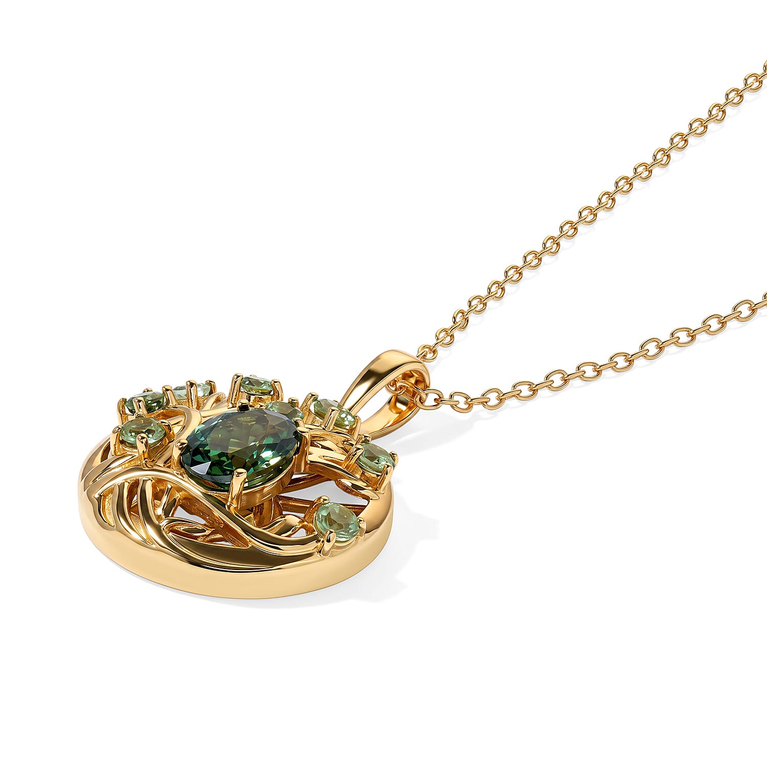 D'Joy - Natural Green Apatite Tree of Life Pendant with Chain (Size 20) in Yellow Gold Plated Sterling Silver 1.16 Ct.