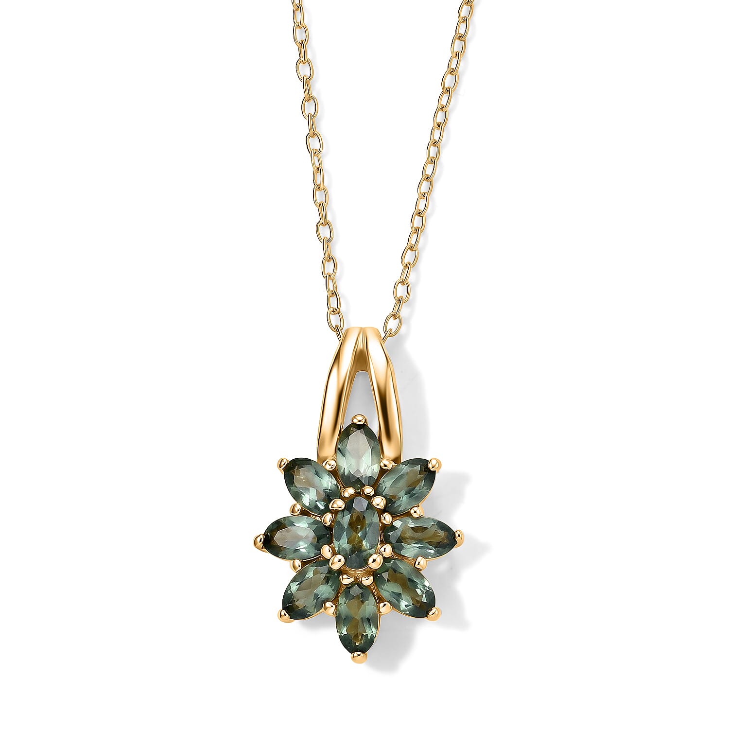 D'Joy - Natural Green Apatite Floral Pendant with Chain (Size 20) in Yellow Gold Plated Sterling Silver 2.20 Ct.