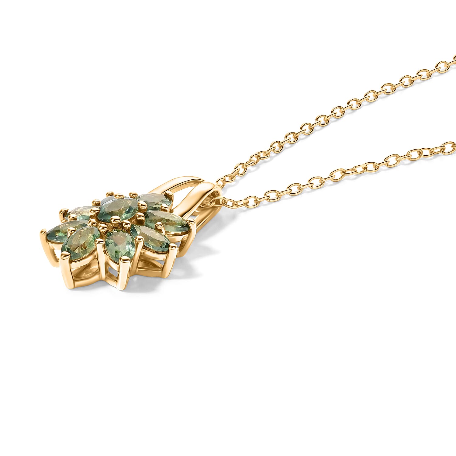 D'Joy - Natural Green Apatite Floral Pendant with Chain (Size 20) in Yellow Gold Plated Sterling Silver 2.20 Ct.