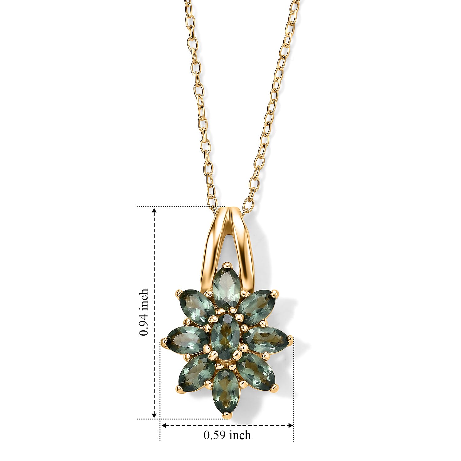 D'Joy - Natural Green Apatite Floral Pendant with Chain (Size 20) in Yellow Gold Plated Sterling Silver 2.20 Ct.