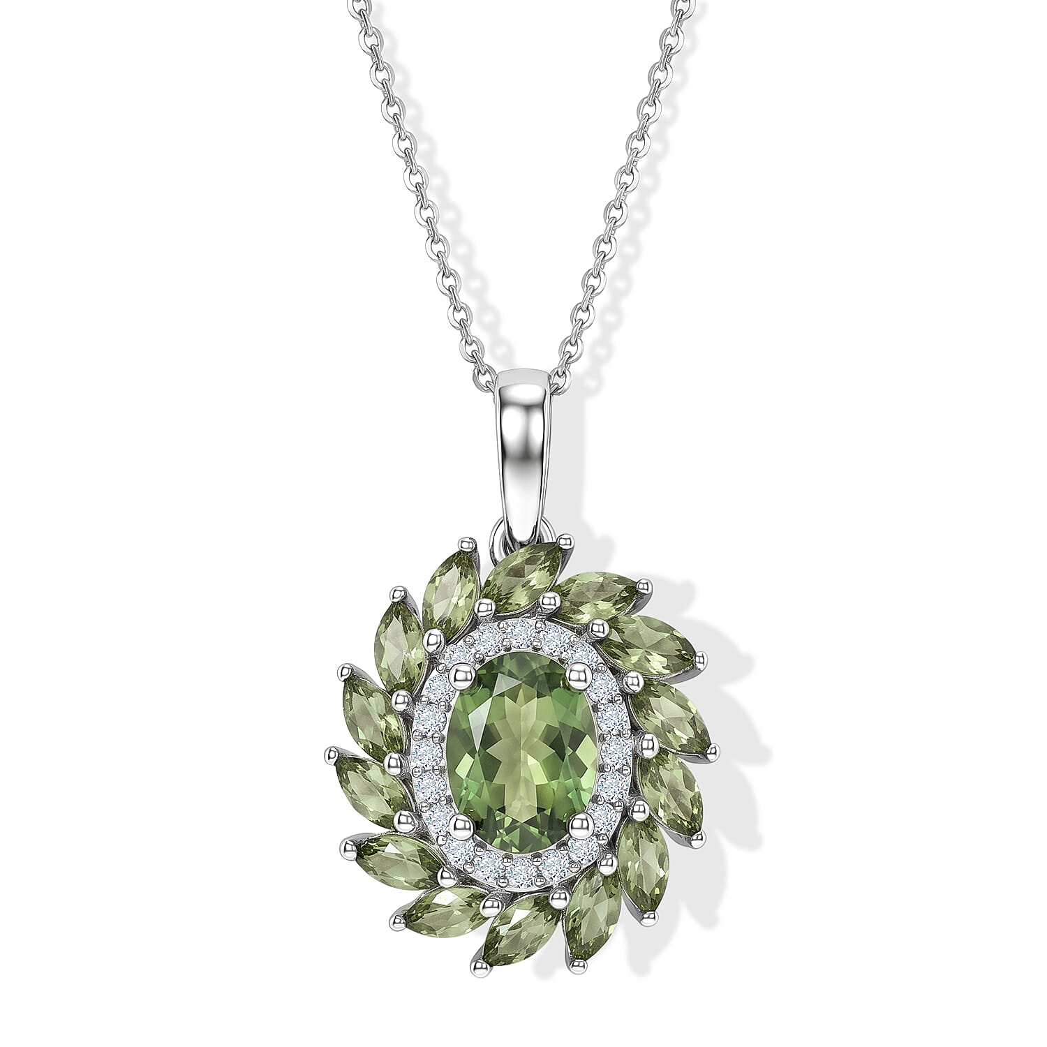 D'Joy - Natural Green Apatite & White Zircon Floral Halo Pendant with Chain (Size 20) in Rhodium Overlay Sterling Silver 2.70 Ct.