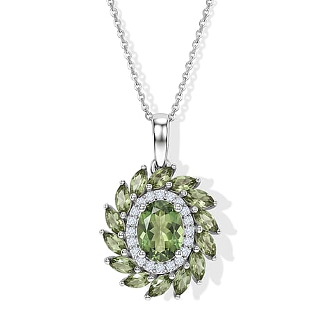 Natural Green Apatite,  White Zircon Pendant with Torn Chain 19DC (Size 20) in Rhodium Overlay Sterling Silver 1.42 ct  2.690  Ct.