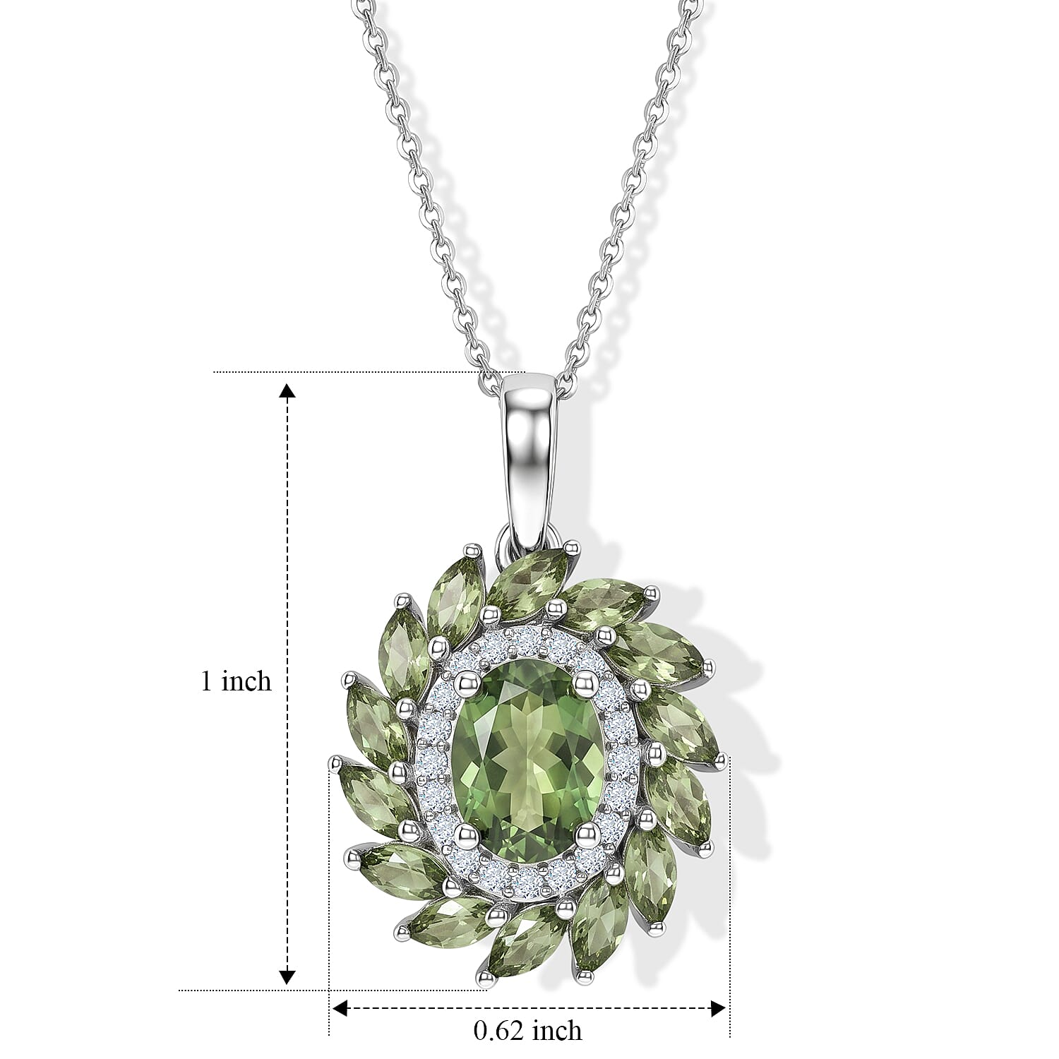 D'Joy - Natural Green Apatite & White Zircon Floral Halo Pendant with Chain (Size 20) in Rhodium Overlay Sterling Silver 2.70 Ct.