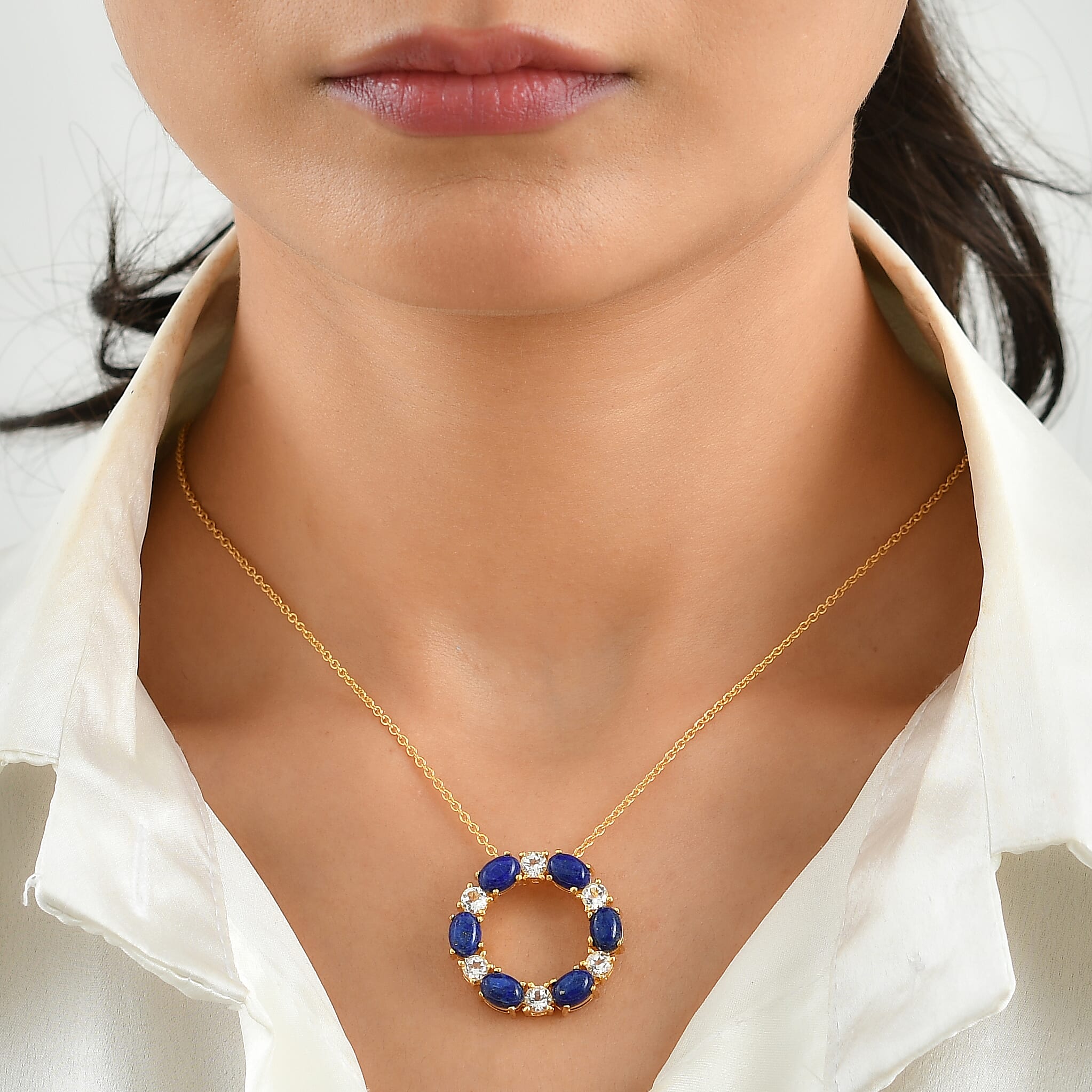 EverTrue - Lapis Lazuli & White Topaz Pendant with Chain (Size 20) in Yellow Gold Tone 7.90 Ct.