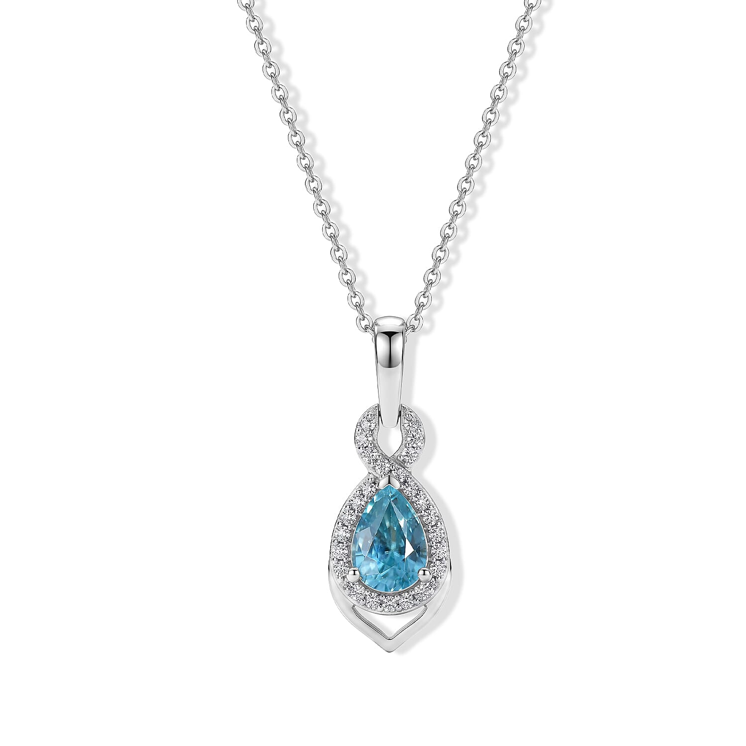 D'Joy - AAA RatanakirI Ratanakiri Blue Zircon & White Zircon Infinity Drop Pendant with Chain (Size 20) in Rhodium Overlay Sterling Silver 1.37 Ct.