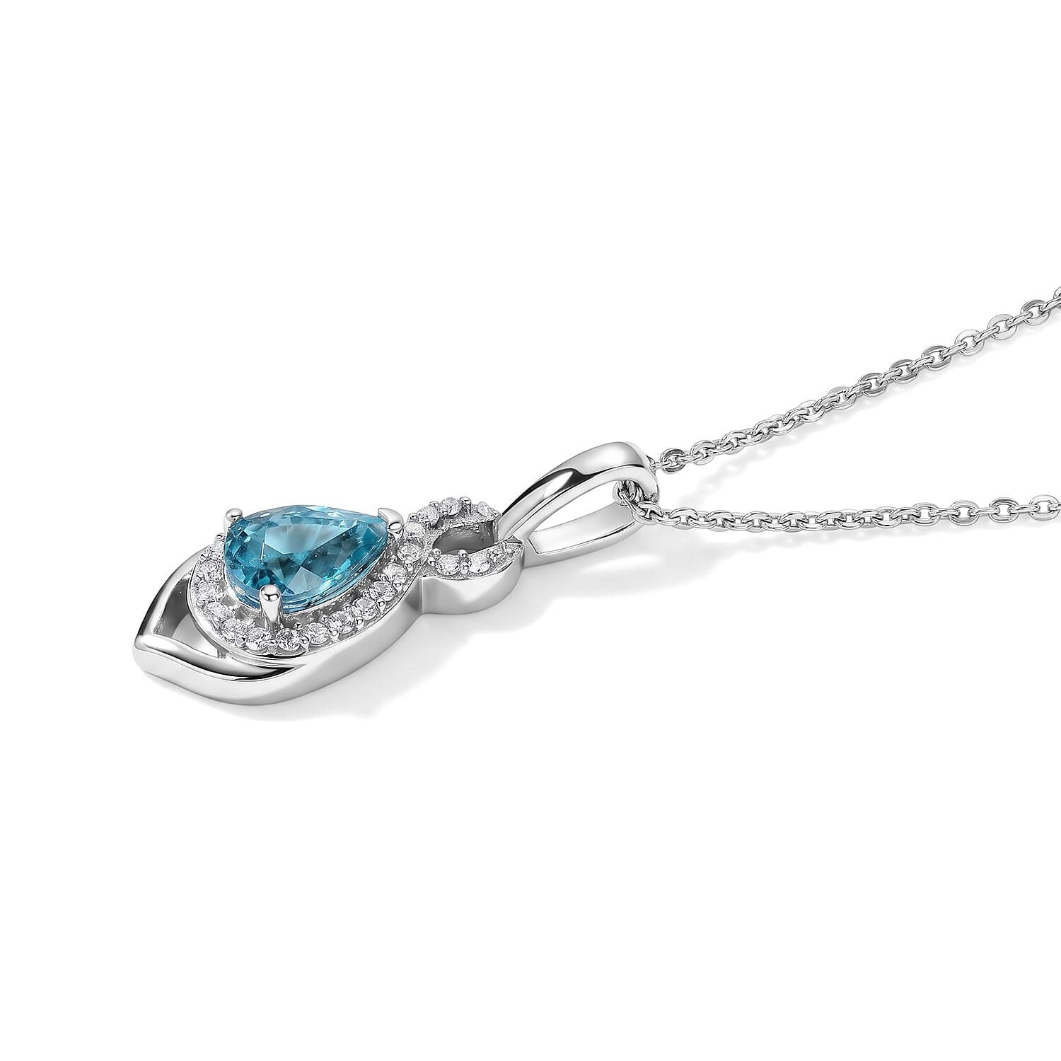 D'Joy - AAA RatanakirI Ratanakiri Blue Zircon & White Zircon Infinity Drop Pendant with Chain (Size 20) in Rhodium Overlay Sterling Silver 1.37 Ct.
