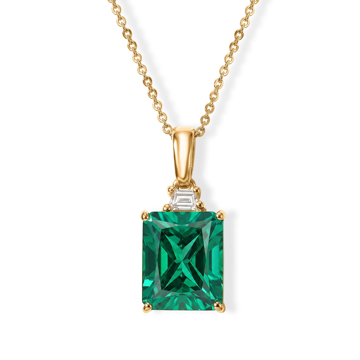 Luxuriant - Lab Grown Columbian Emerald & Lab Grown Diamond (SI-G-H) Pendant with Chain (Size 20) in 18K Vermeil Yellow Gold Plated Sterling Silver 4.00 Ct.