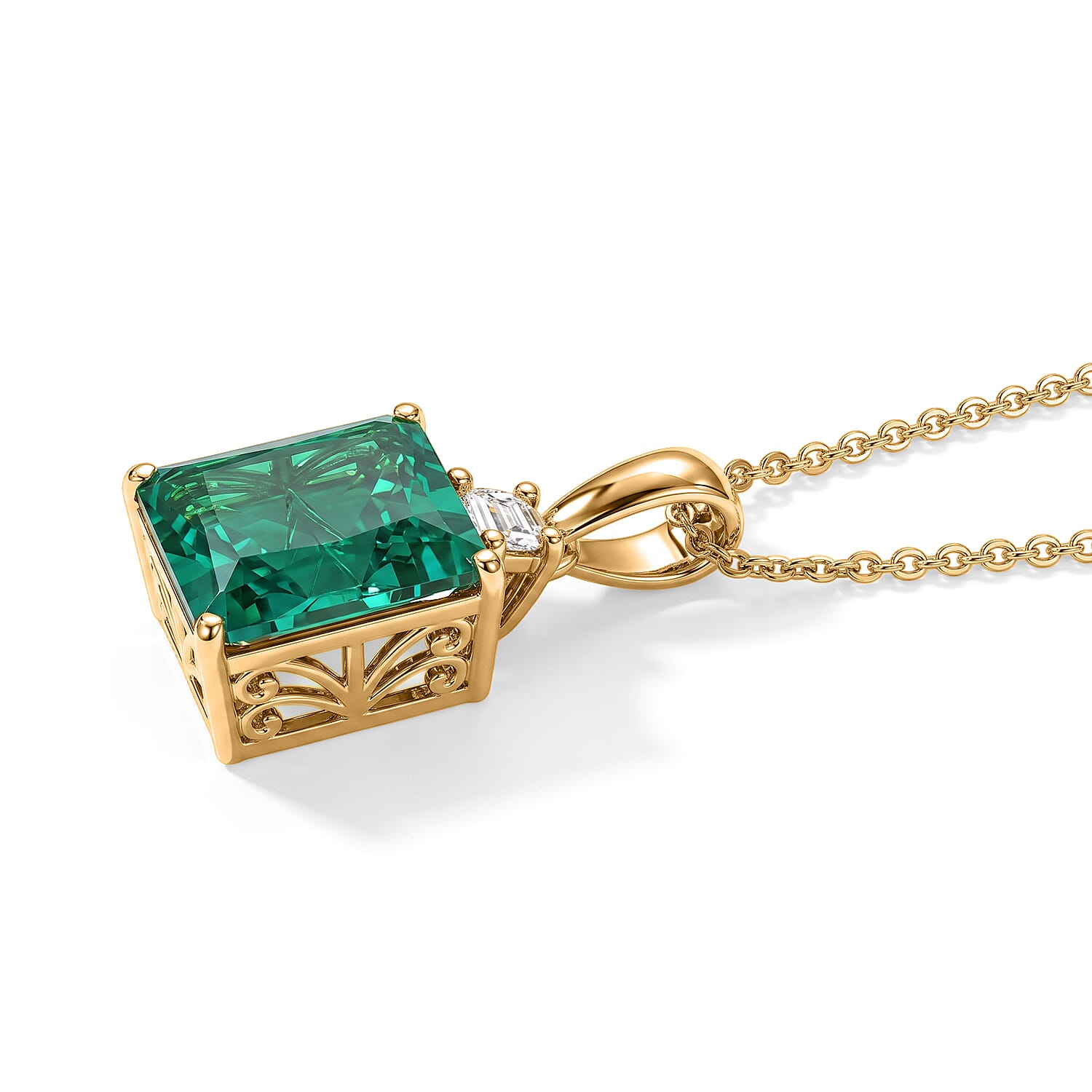 Luxuriant - Lab Grown Columbian Emerald & Lab Grown Diamond (SI-G-H) Pendant with Chain (Size 20) in 18K Vermeil Yellow Gold Plated Sterling Silver 4.00 Ct.