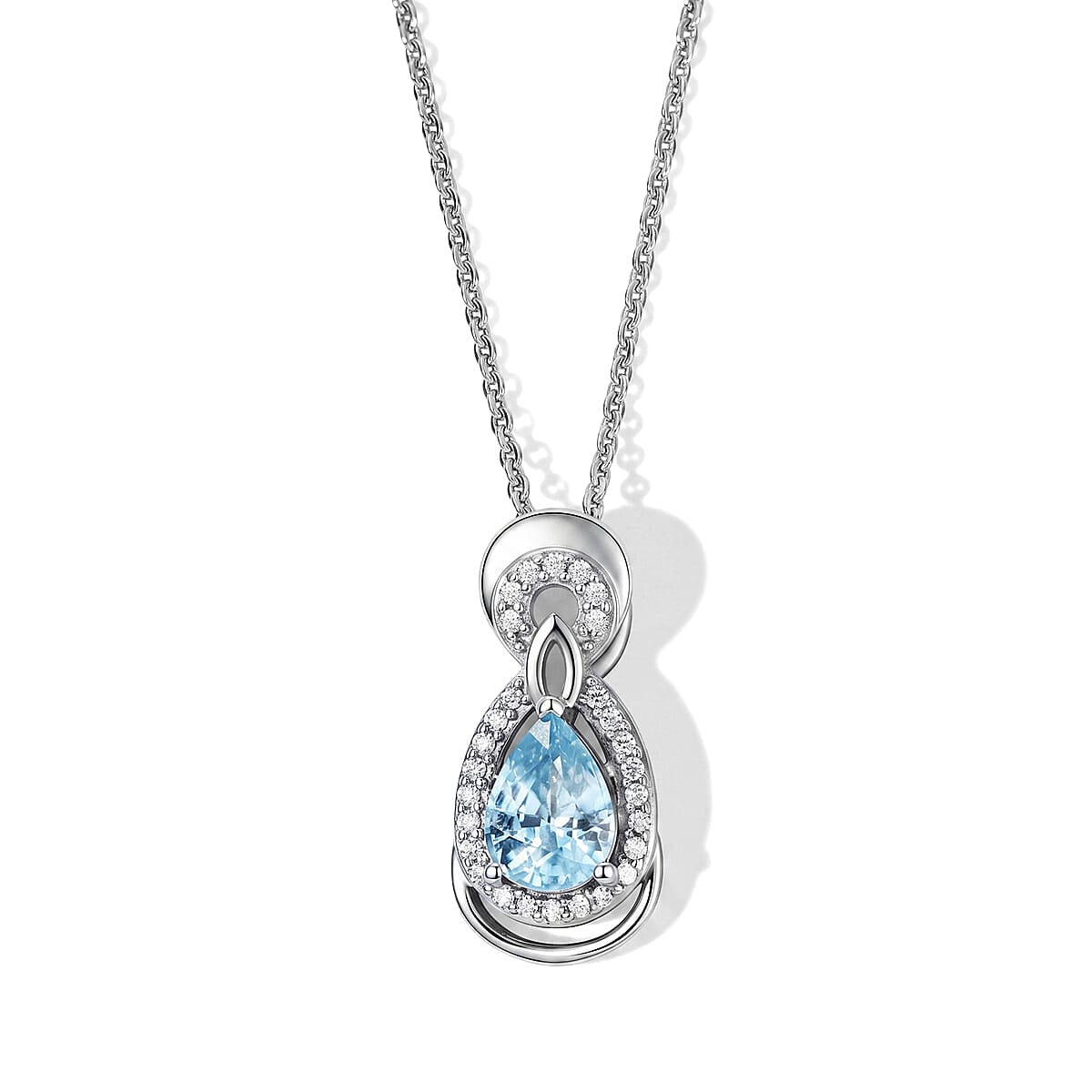 D'Joy - AAA RatanakirI Blue Zircon & White Zircon Halo Drop Pendant with Chain (Size 20) in Rhodium Overlay Sterling Silver 1.35 Ct.
