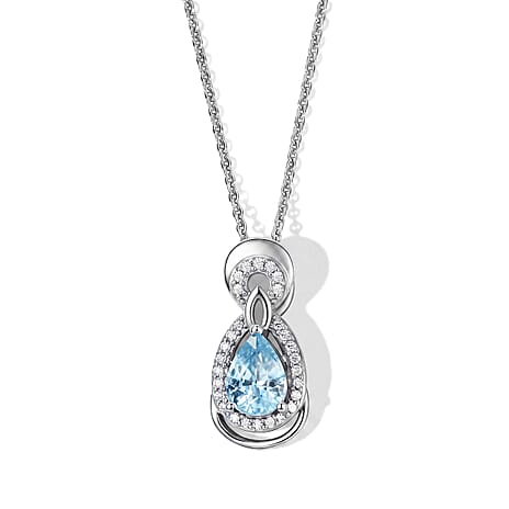 D'Joy - AAA RatanakirI Blue Zircon & White Zircon Halo Drop Pendant with Chain (Size 20) in Rhodium Overlay Sterling Silver 1.35 Ct.