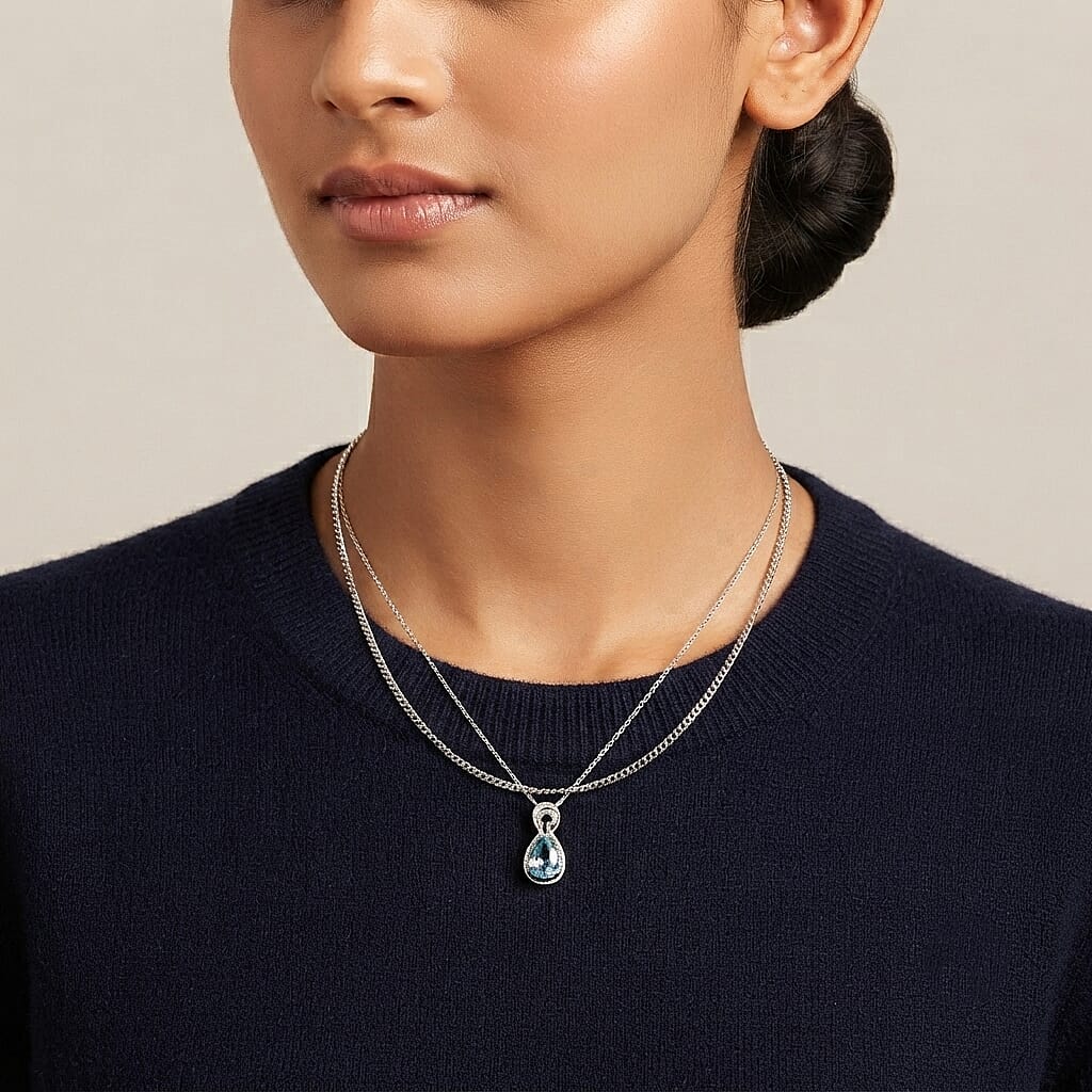 D'Joy - AAA RatanakirI Blue Zircon & White Zircon Halo Drop Pendant with Chain (Size 20) in Rhodium Overlay Sterling Silver 1.35 Ct.