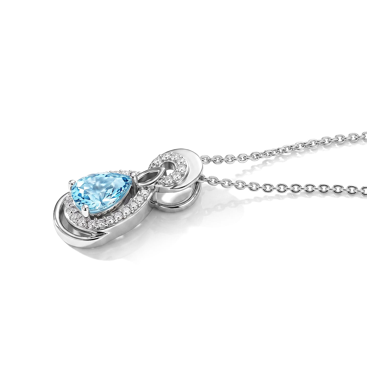 D'Joy - AAA RatanakirI Blue Zircon & White Zircon Halo Drop Pendant with Chain (Size 20) in Rhodium Overlay Sterling Silver 1.35 Ct.