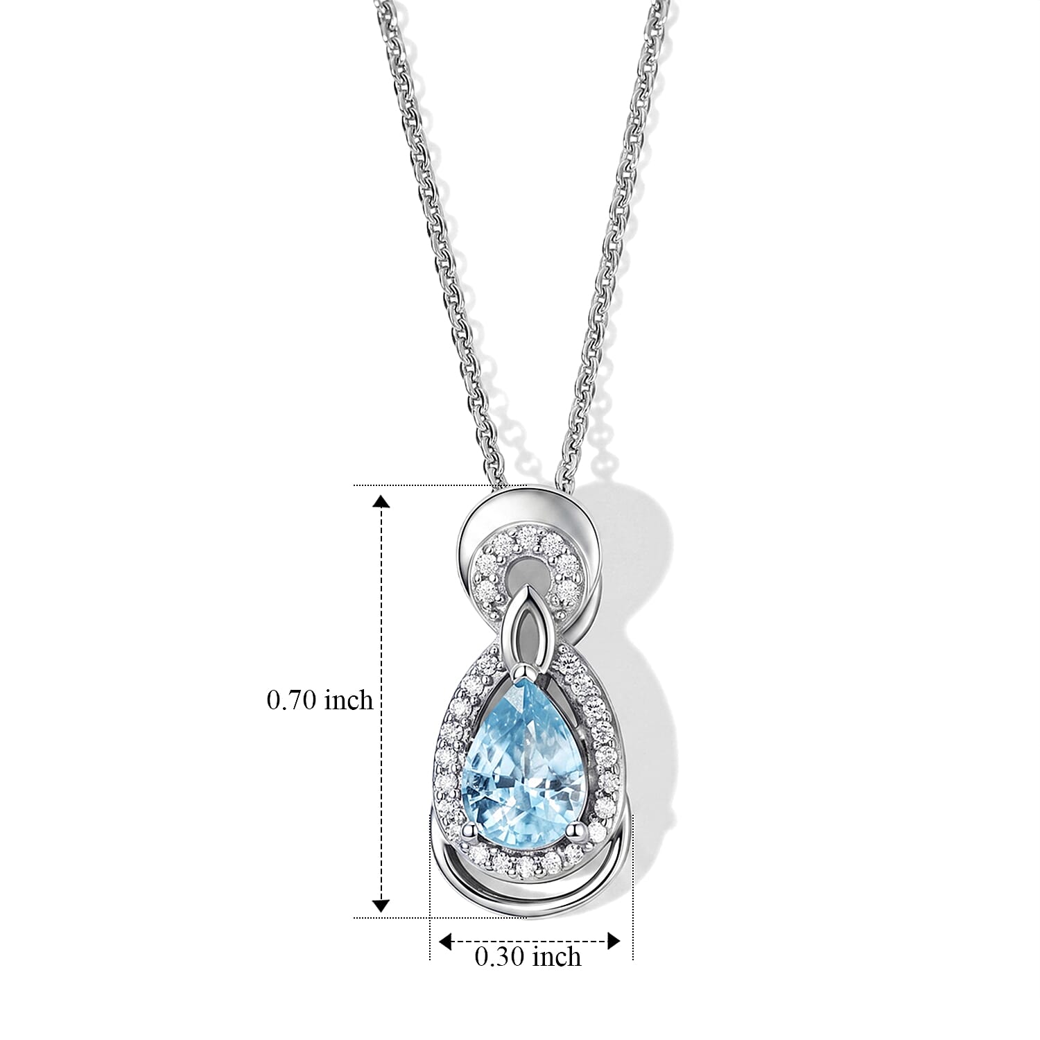 D'Joy - AAA RatanakirI Blue Zircon & White Zircon Halo Drop Pendant with Chain (Size 20) in Rhodium Overlay Sterling Silver 1.35 Ct.