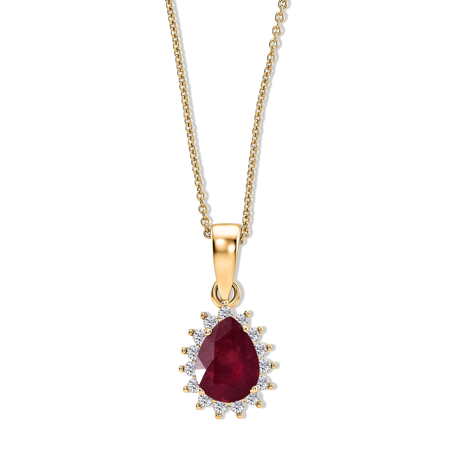 D'Joy - African Ruby & White Zircon Pendant with Chain (Size 20) in Yellow Gold Plated Sterling Silver 1.80 Ct.