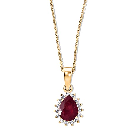 D'Joy - African Ruby & White Zircon Pendant with Chain (Size 20) in Yellow Gold Plated Sterling Silver 1.80 Ct.