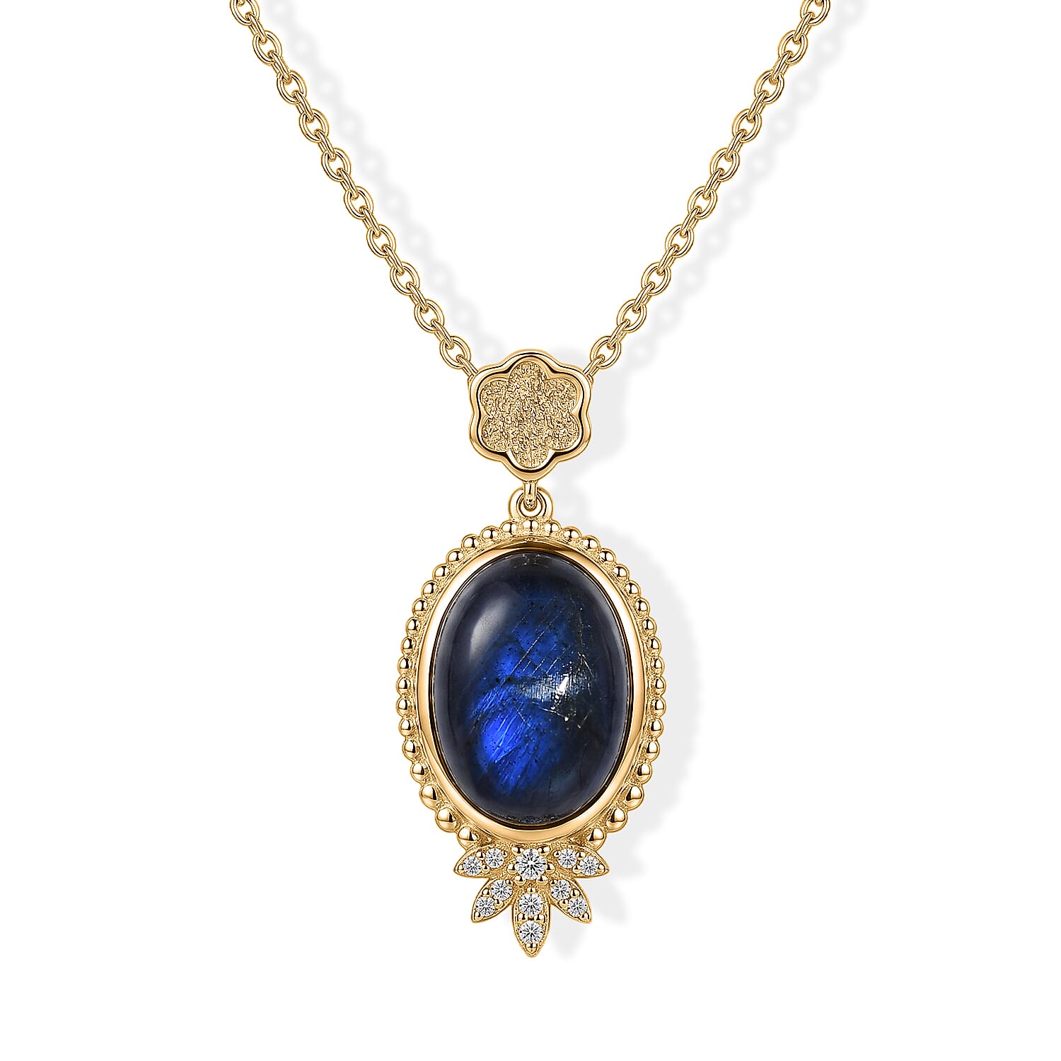 EverTrue - Labradorite & White Zircon Pendant with Chain (Size 20) in Yellow Gold Tone 6.70 Ct.